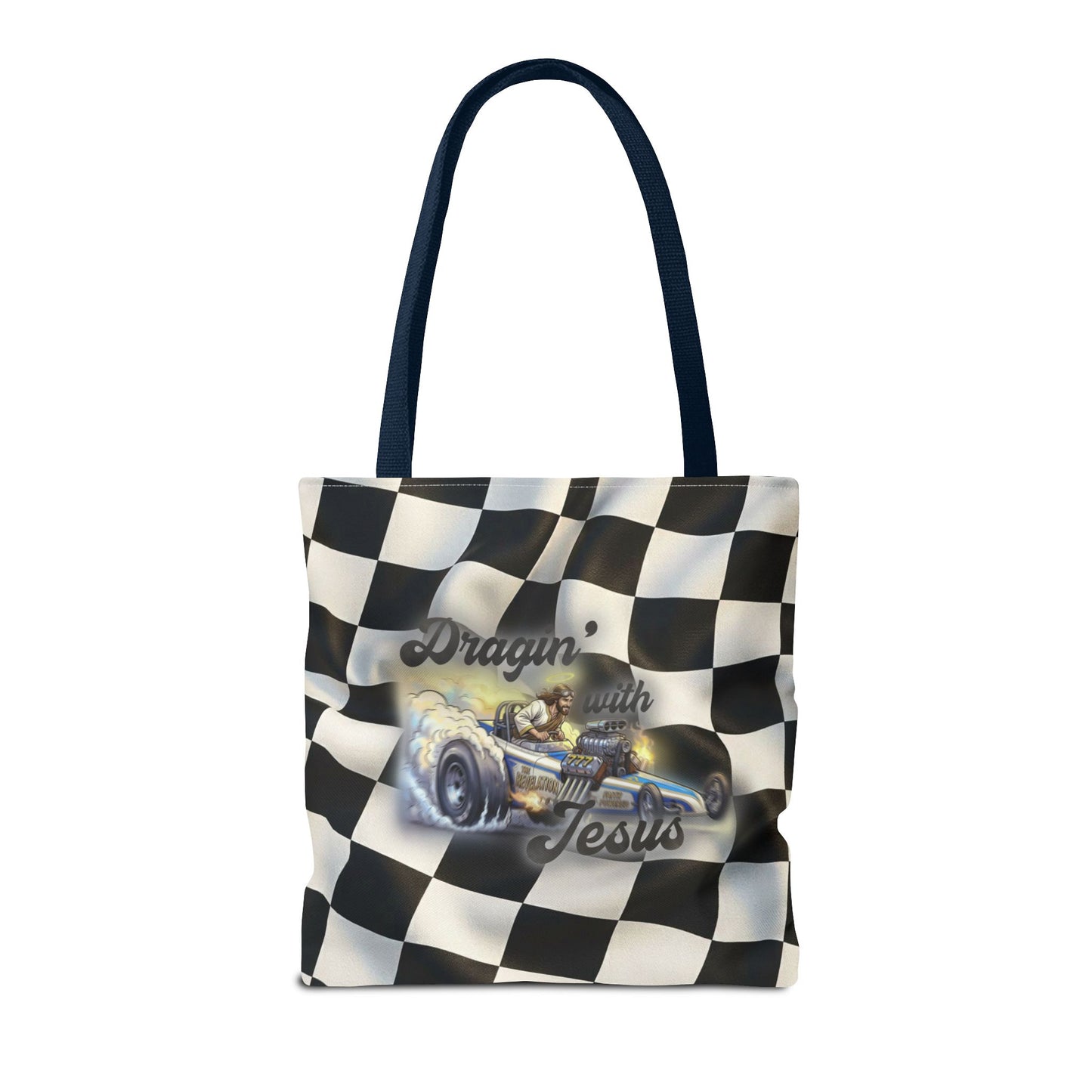 Dragin' Jesus Racing Tote Bag — Checkered Flag Vintage Hot Rod Tote