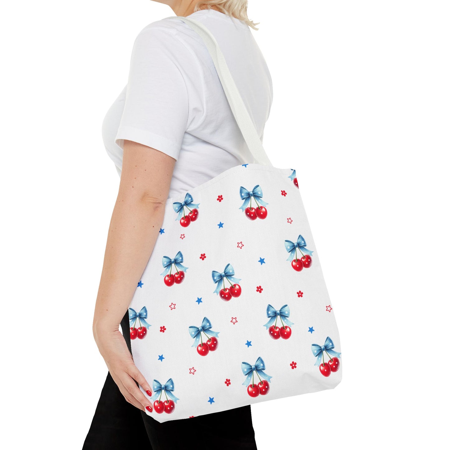 Cherry Bow Tote Bag — Cute Red Cherries with Blue Bows Patterned Shopper