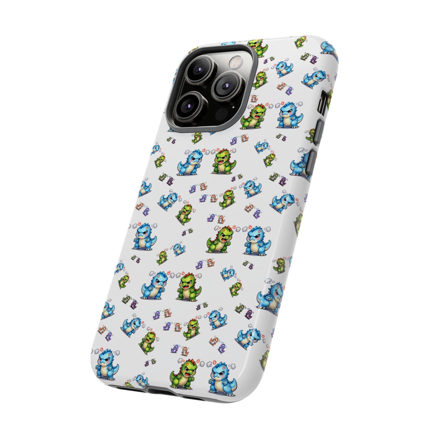Cute Dino Pattern Phone Case — Cartoon Green & Blue Dino Tough Case, Protective iPhone Cover