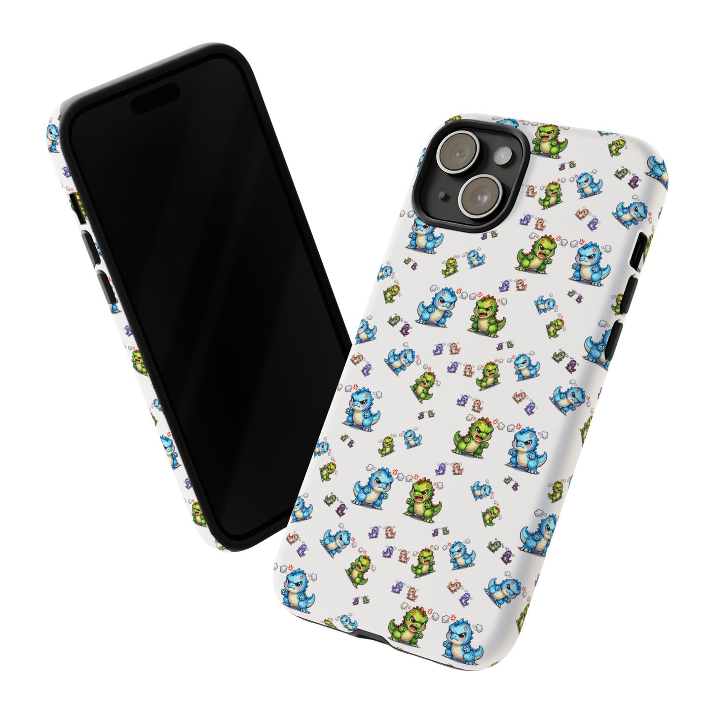 Cute Dino Pattern Phone Case — Cartoon Green & Blue Dino Tough Case, Protective iPhone Cover