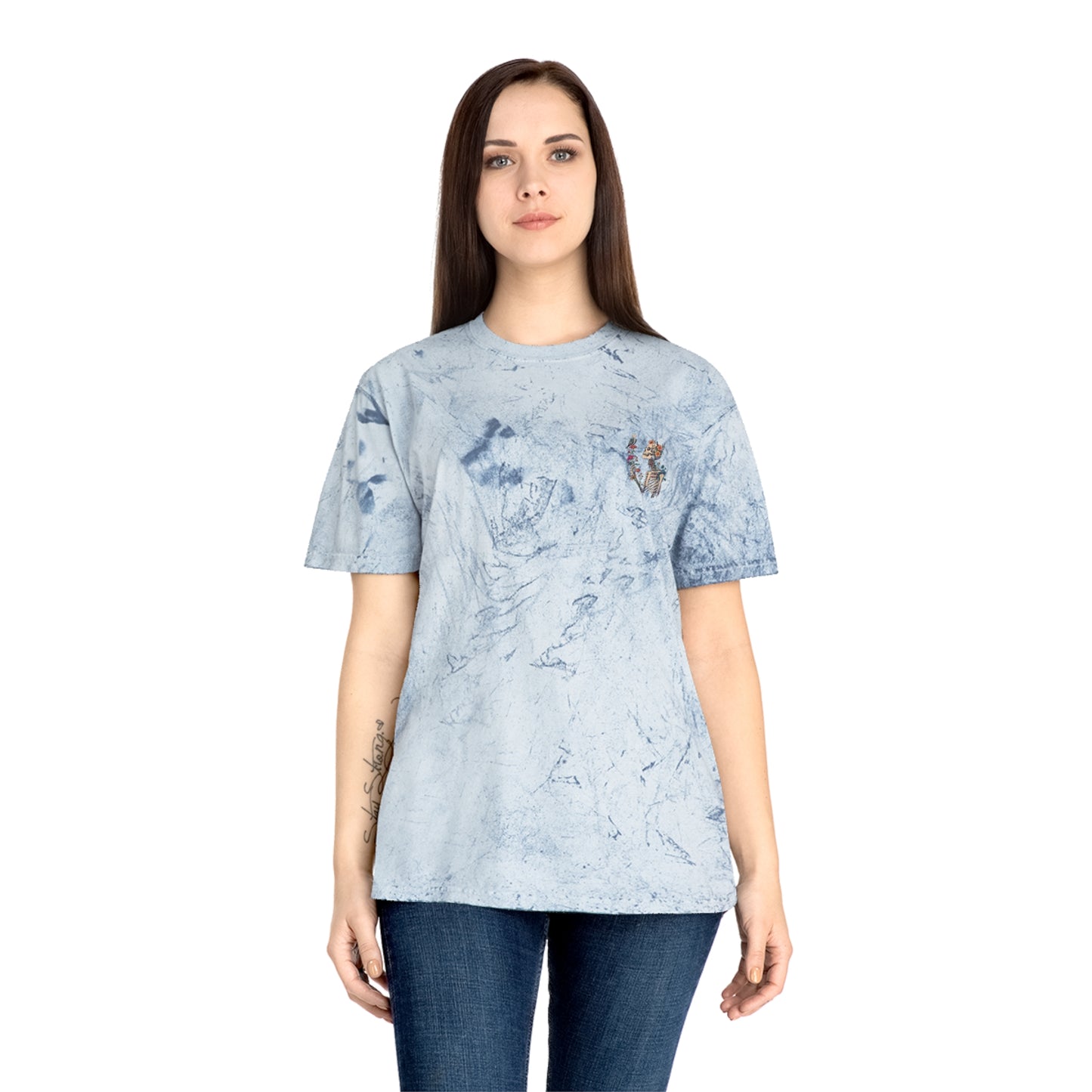 Floral Skeleton Graphic T-Shirt – Color Blast Skull & Bird Design
