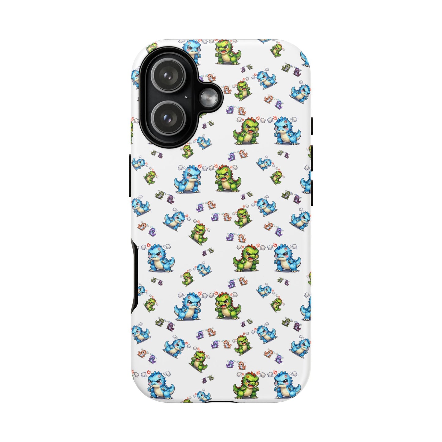 Cute Dino Pattern Phone Case — Cartoon Green & Blue Dino Tough Case, Protective iPhone Cover