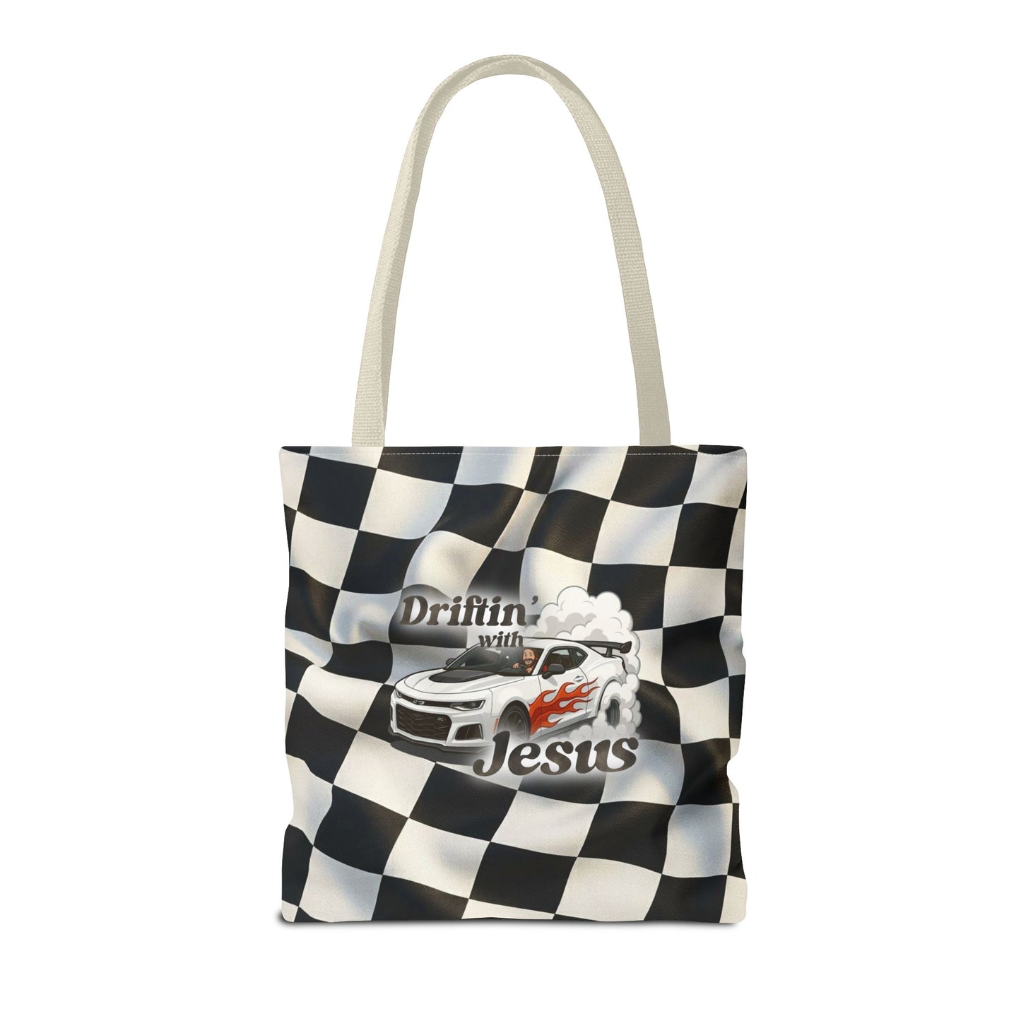 Driftin' with Jesus Racing Tote Bag - Checkered Flag Christian Car Gift
