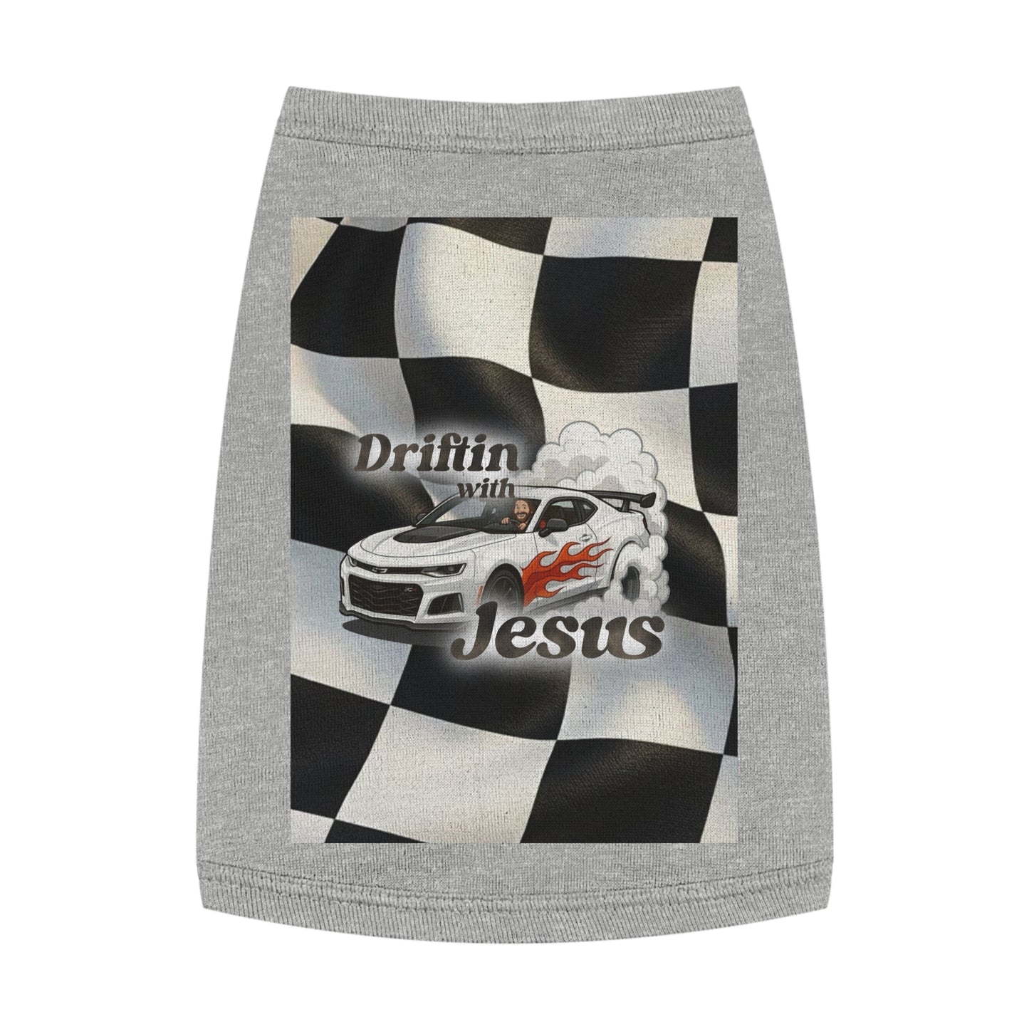 Pet Tank Top — "Driftin' with Jesus" Racing Flag Dog Shirt