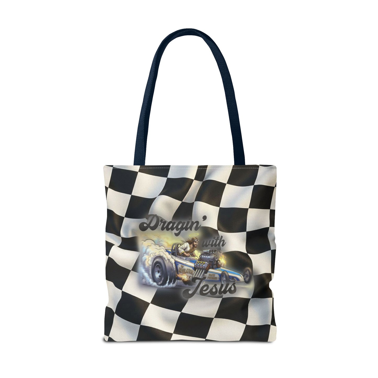 Dragin' Jesus Racing Tote Bag — Checkered Flag Vintage Hot Rod Tote