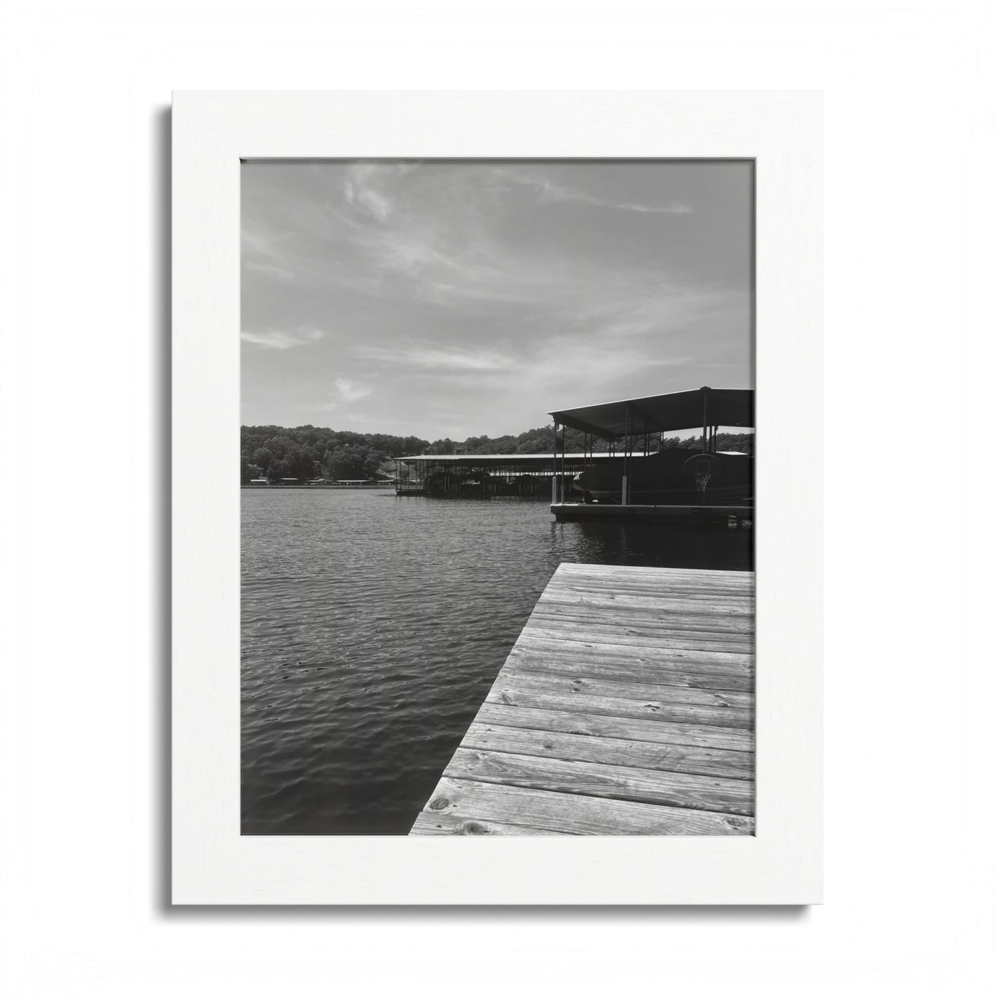 Lake Dock Framed Poster — Black & White Waterfront Wall Art