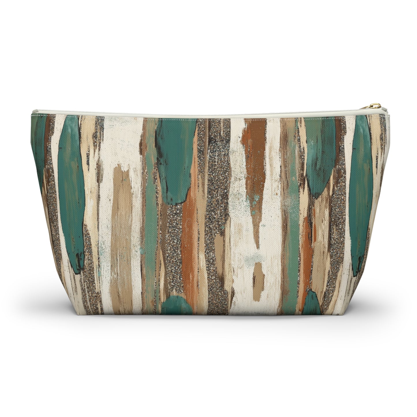 Abstract Teal & Earthtone Accessory Pouch — T-Bottom Cosmetic Bag