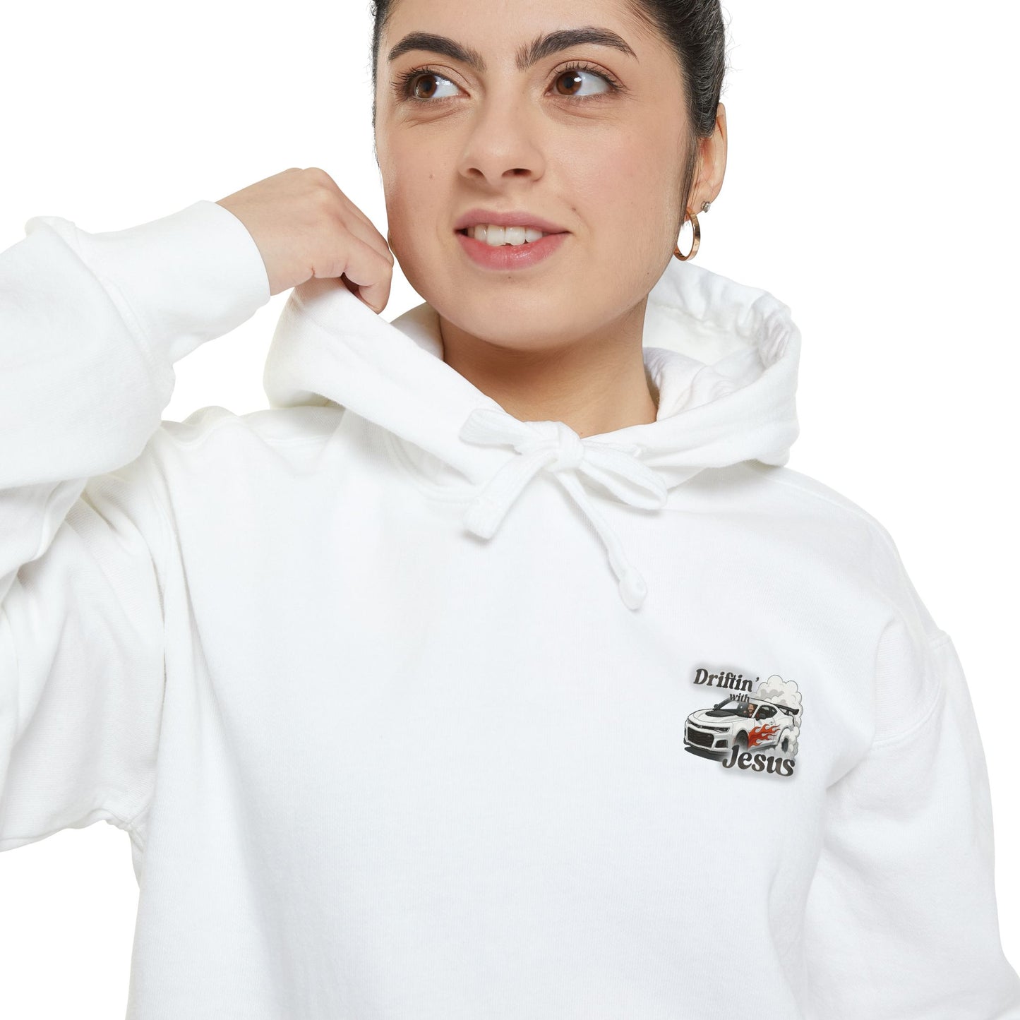Classic Car Hoodie — Small Chest Graphic “drifting with jesus" Pullover