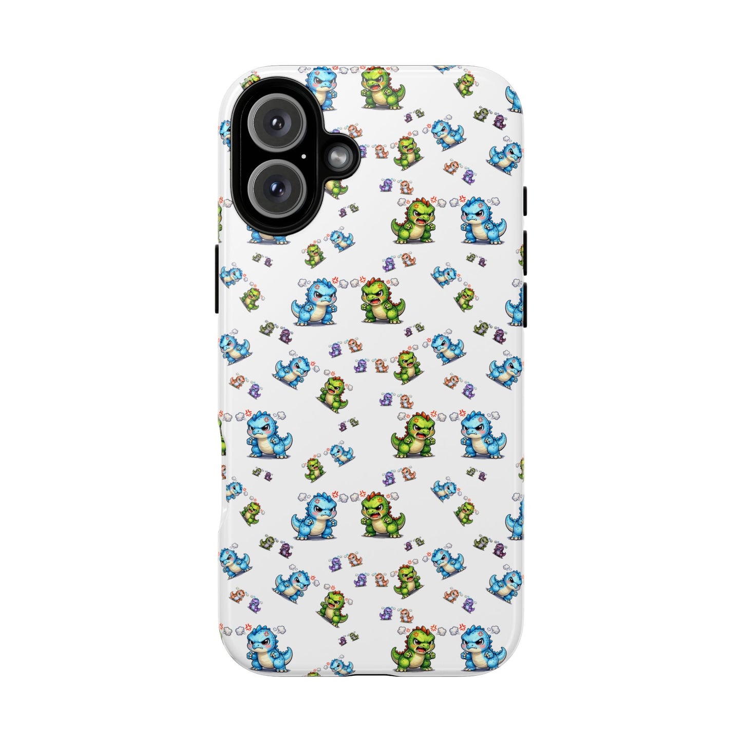 Cute Dino Pattern Phone Case — Cartoon Green & Blue Dino Tough Case, Protective iPhone Cover