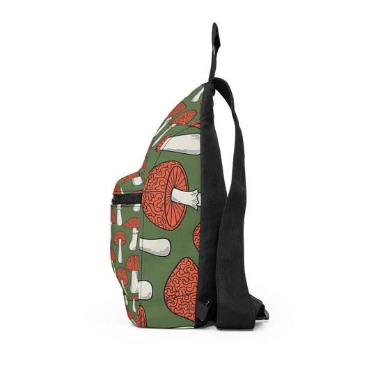 Mushroom Pattern Sling Bag – Green Red Foraging Crossbody
