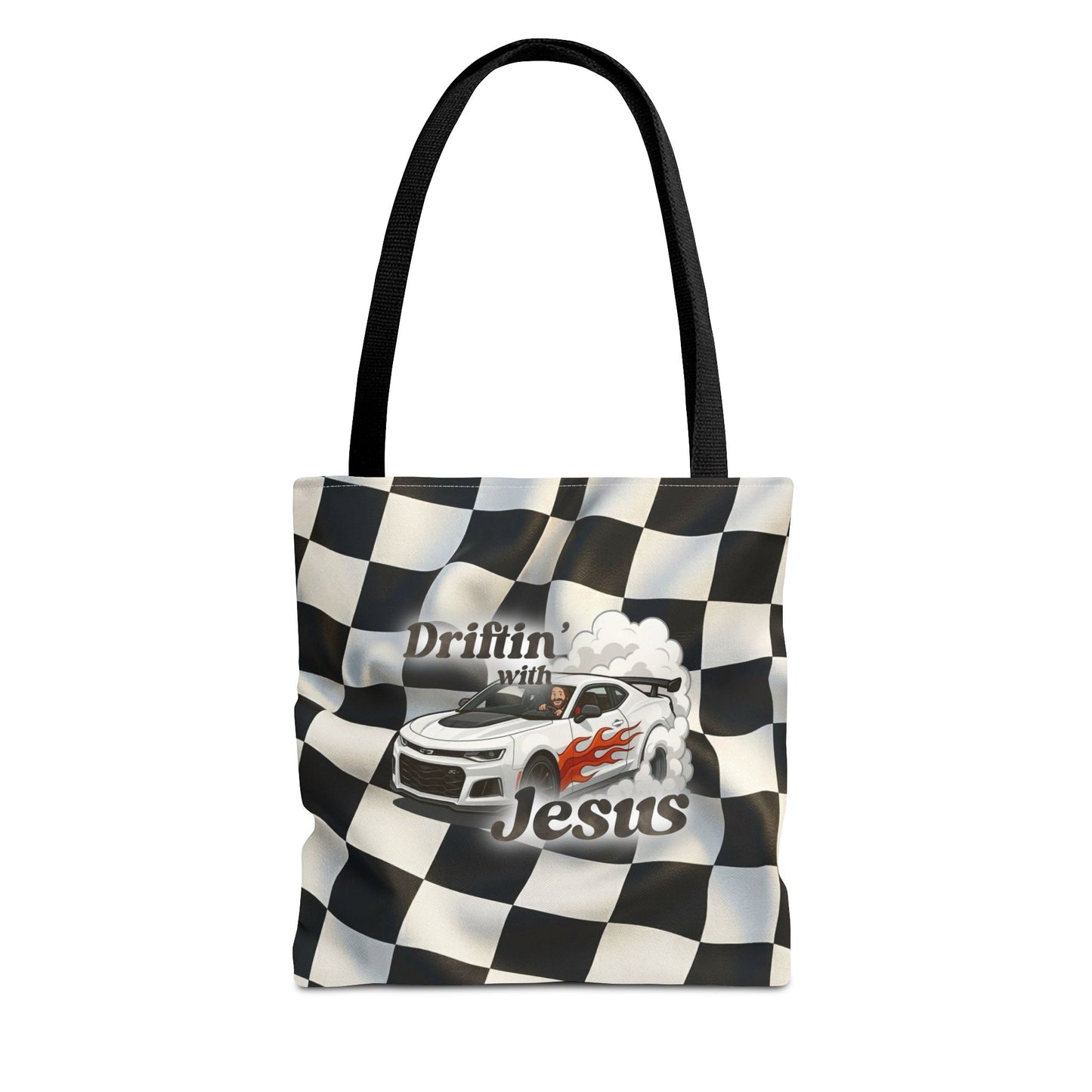Driftin' with Jesus Racing Tote Bag - Checkered Flag Christian Car Gift