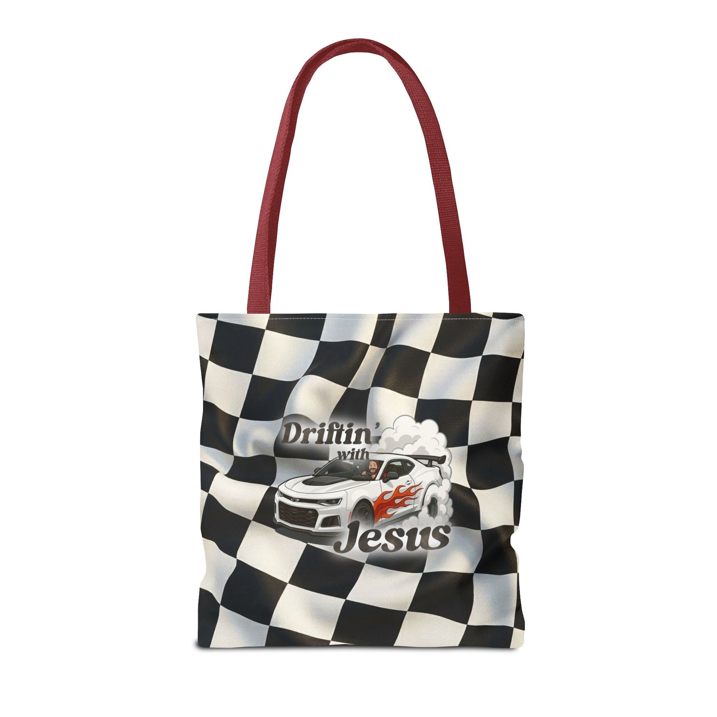 Driftin' with Jesus Racing Tote Bag - Checkered Flag Christian Car Gift