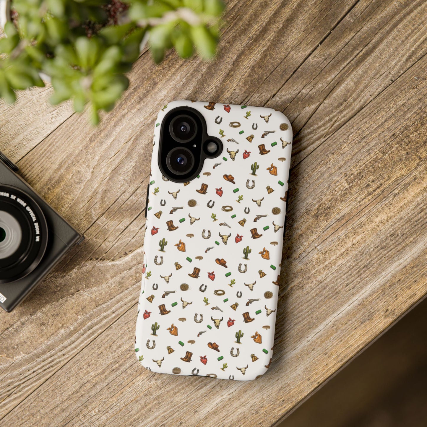 Western Cowboy Pattern Phone Case — Rodeo Hat, Horseshoe & Cactus Tough Case