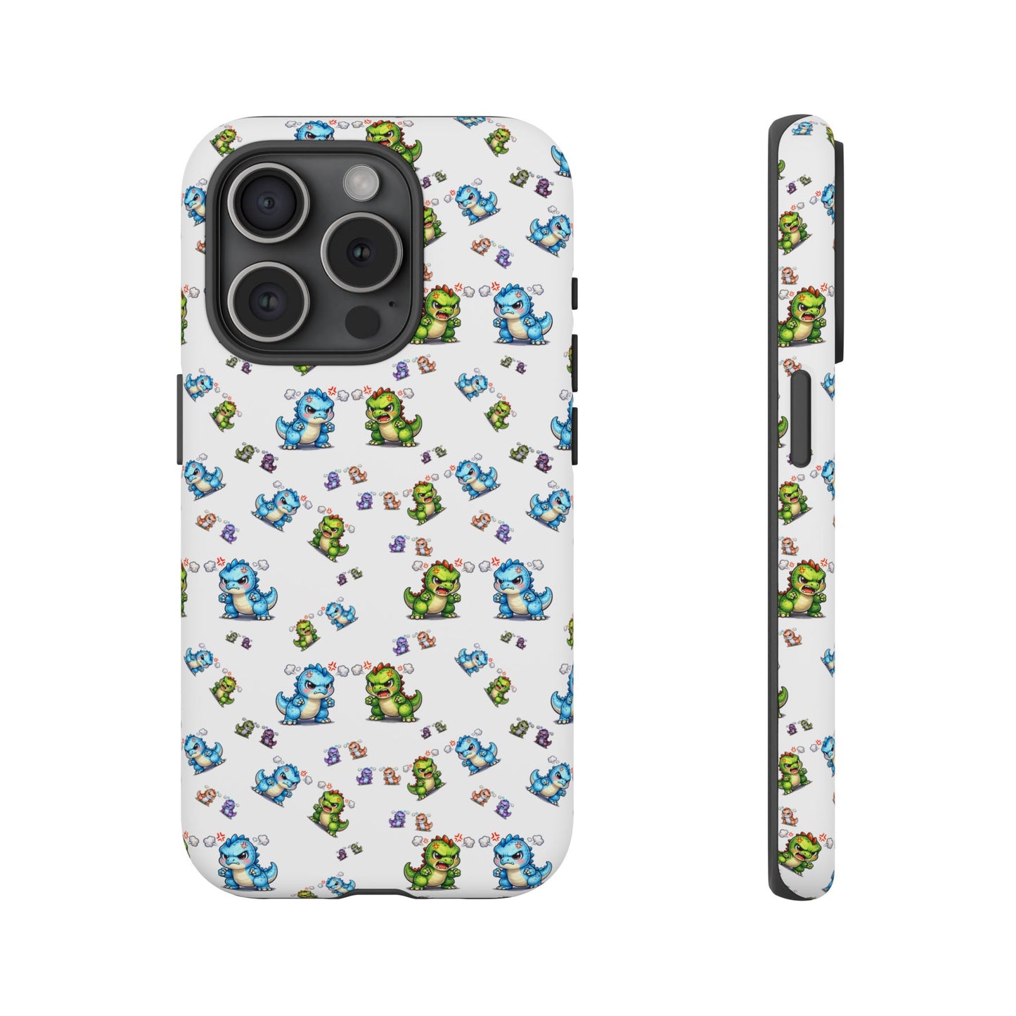 Cute Dino Pattern Phone Case — Cartoon Green & Blue Dino Tough Case, Protective iPhone Cover
