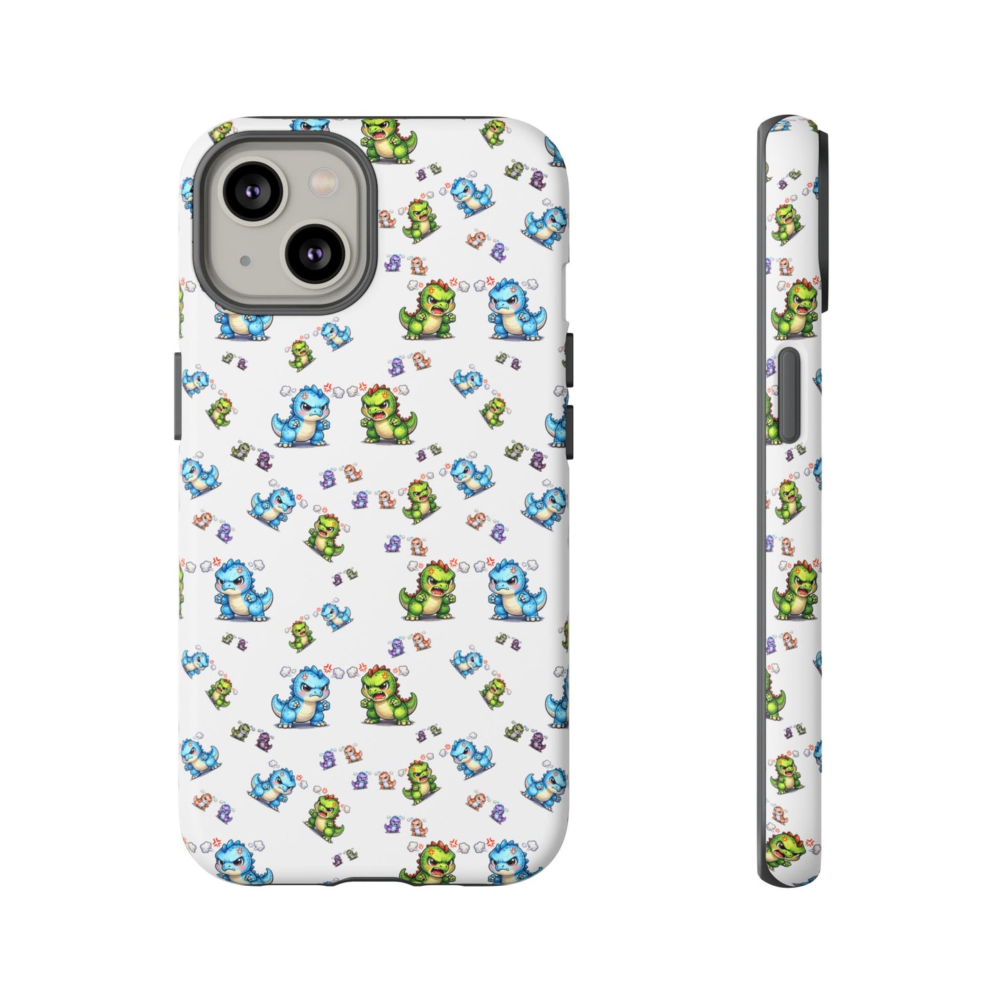 Cute Dino Pattern Phone Case — Cartoon Green & Blue Dino Tough Case, Protective iPhone Cover