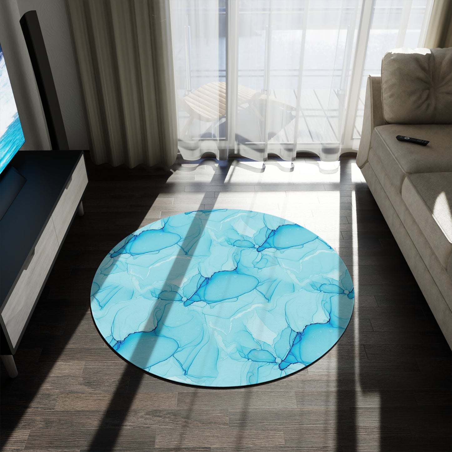 Blue Ink Abstract Round Rug — Coastal Watercolor Floor Mat
