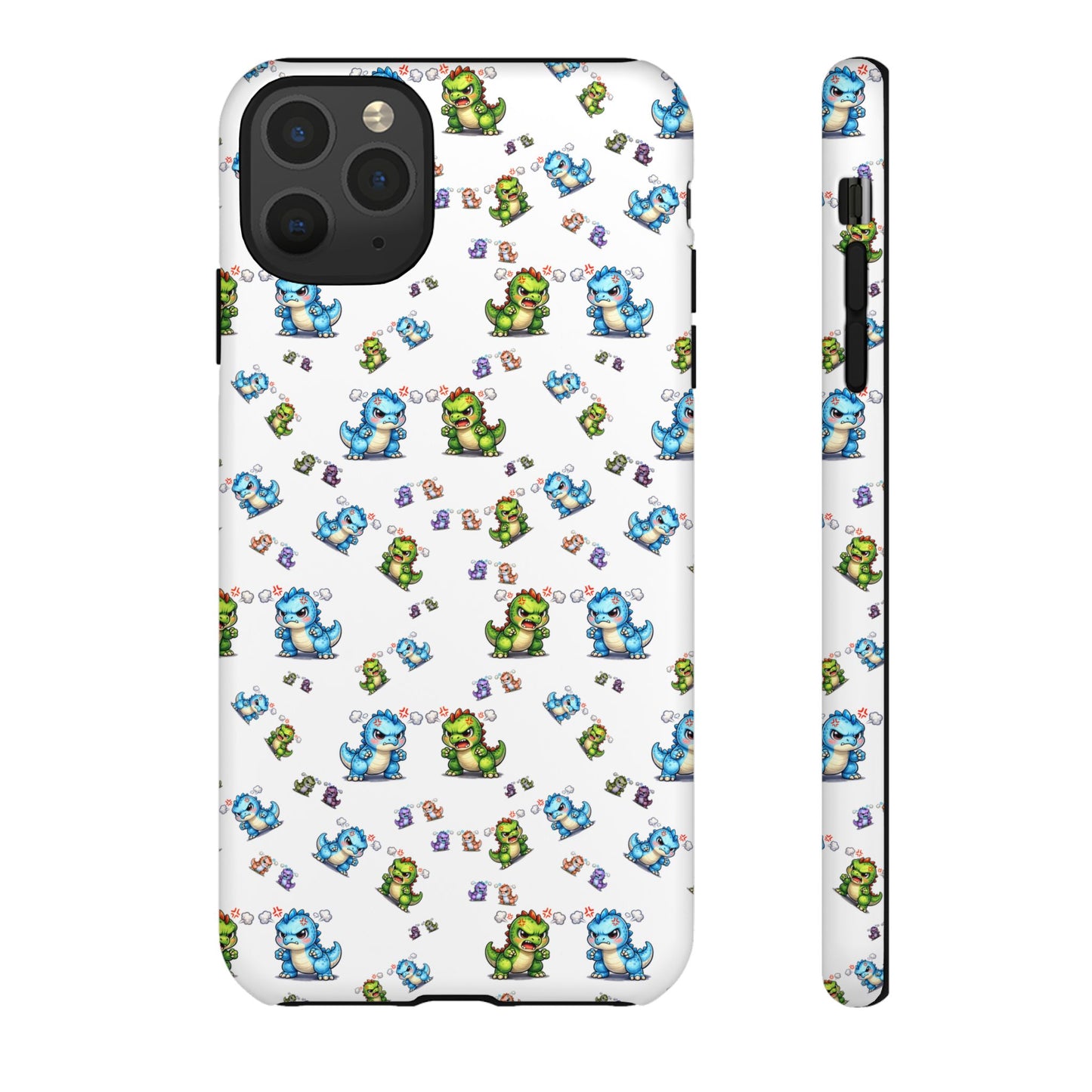 Cute Dino Pattern Phone Case — Cartoon Green & Blue Dino Tough Case, Protective iPhone Cover