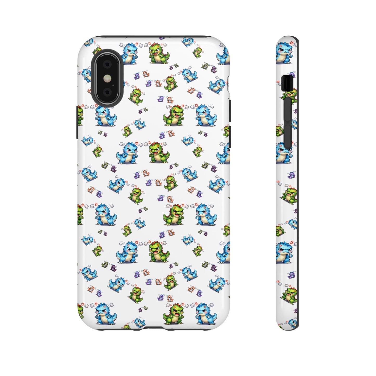 Cute Dino Pattern Phone Case — Cartoon Green & Blue Dino Tough Case, Protective iPhone Cover