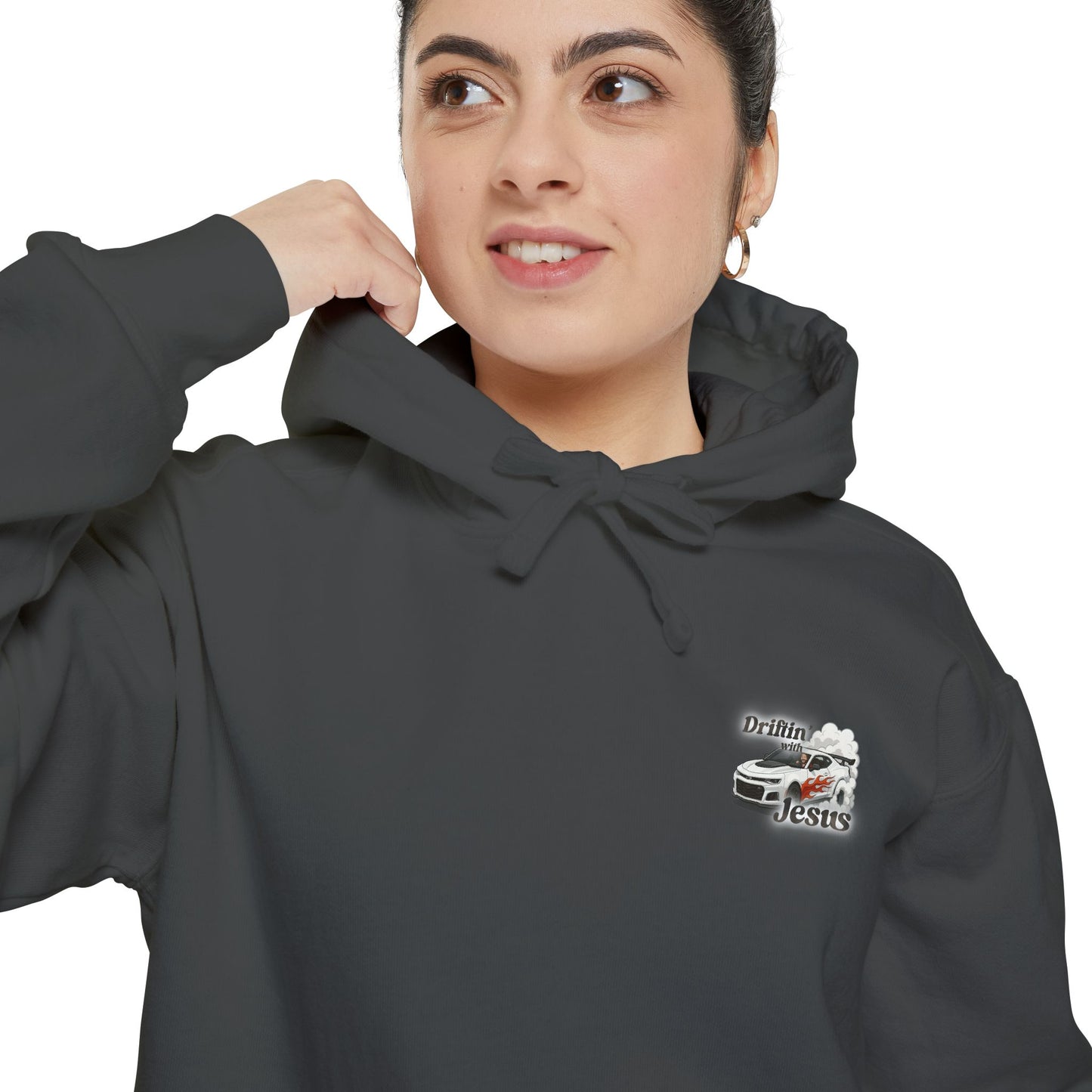 Classic Car Hoodie — Small Chest Graphic “drifting with jesus" Pullover