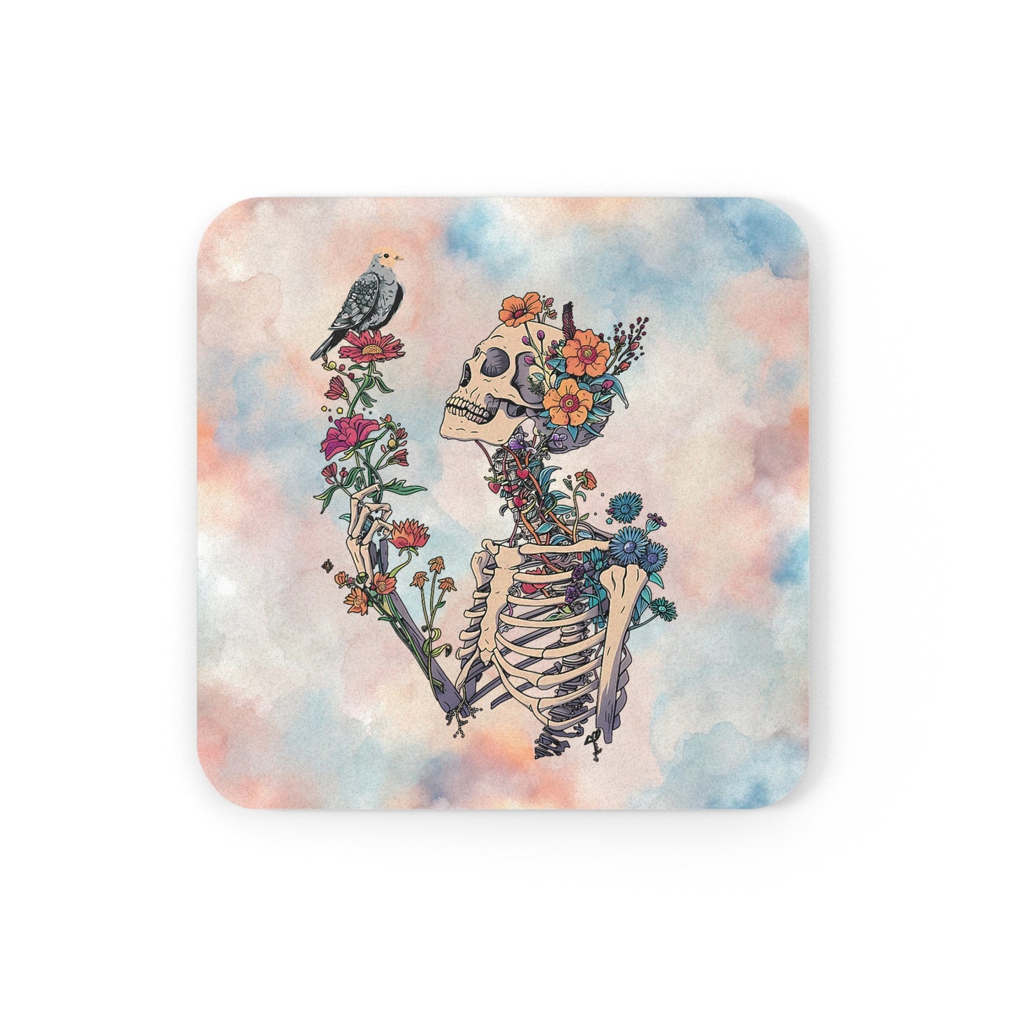 Floral Skeleton Cork Coaster — Day of the Dead Inspired Drink Mat