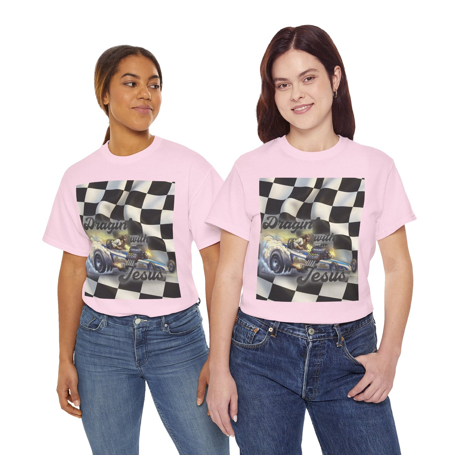 Racing Faith Tee – "Draggin' for Jesus" Checkered Flag Racing T-Shirt