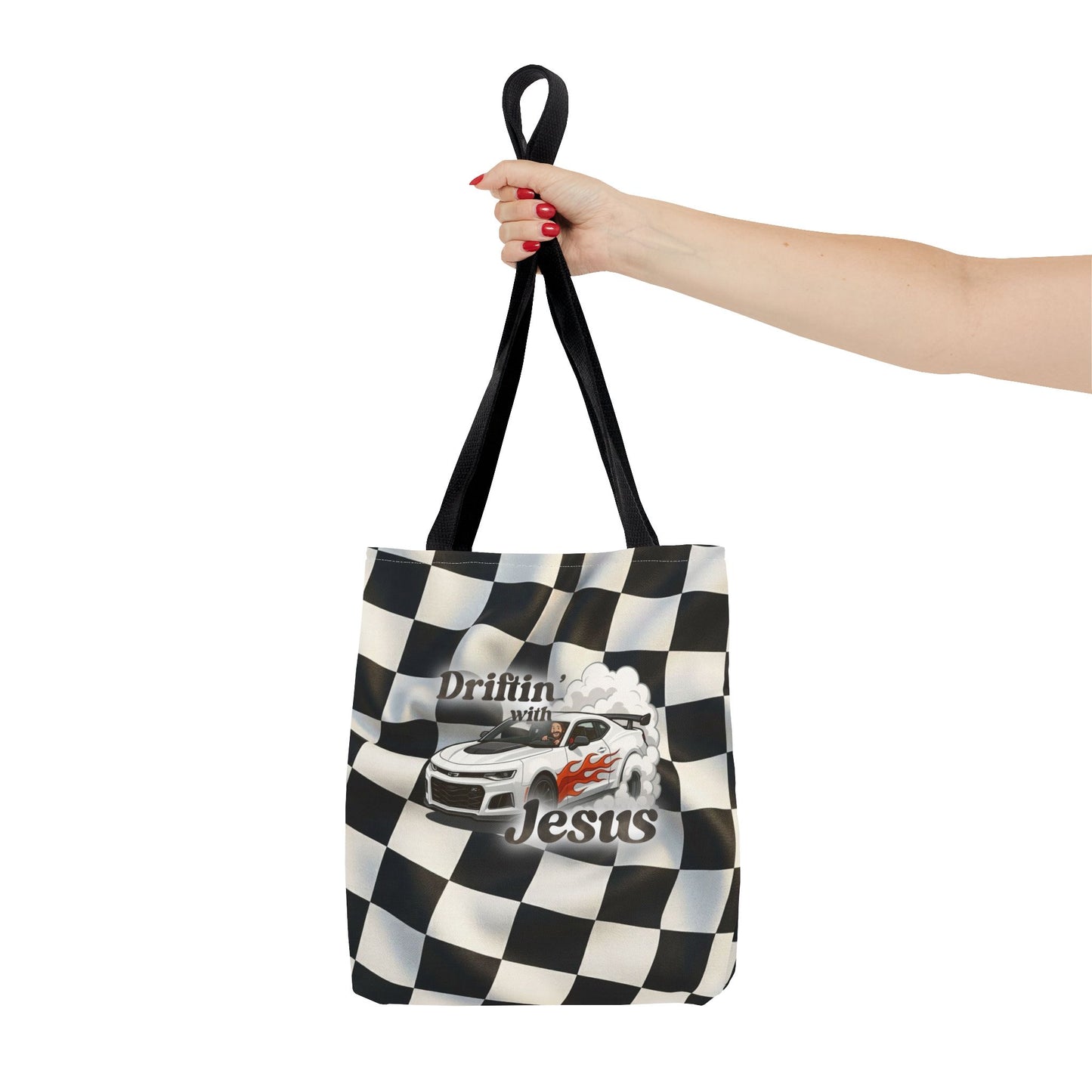 Driftin' with Jesus Racing Tote Bag - Checkered Flag Christian Car Gift