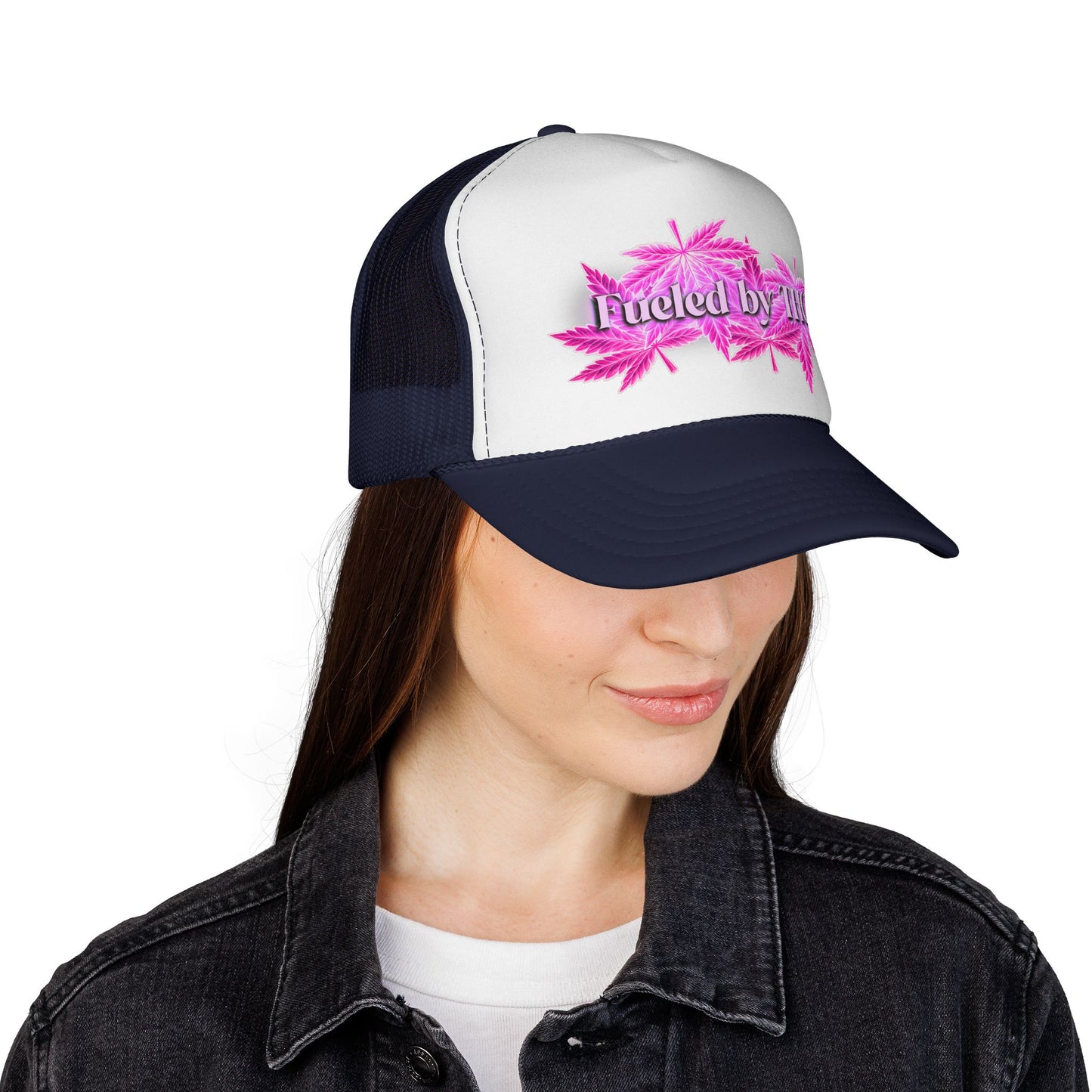 Trucker Cap — 'Fueled by THC' Pink Cannabis Leaf Mesh Hat