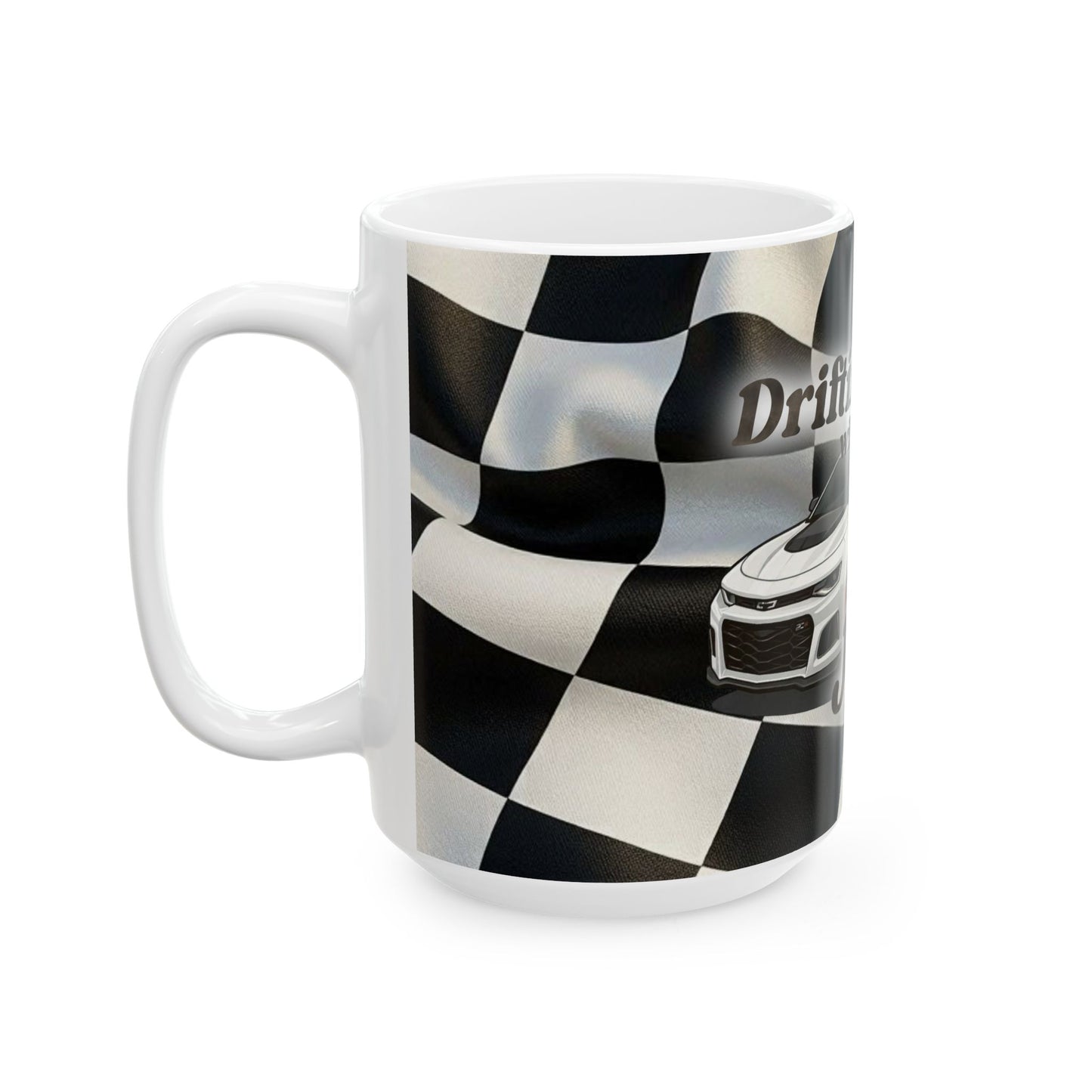 Driftin' with Jesus Ceramic Mug — Racing Checkered Design with Faith Car Graphic (11oz/15oz)