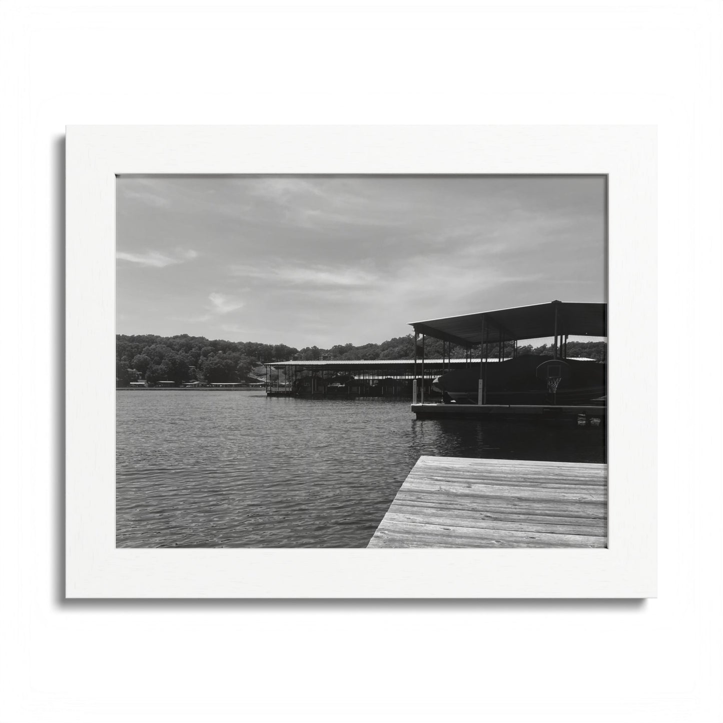 Lake Dock Framed Poster — Black & White Waterfront Wall Art