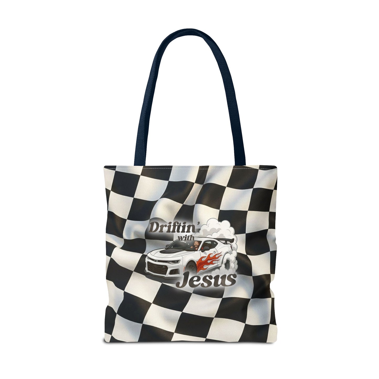 Driftin' with Jesus Racing Tote Bag - Checkered Flag Christian Car Gift