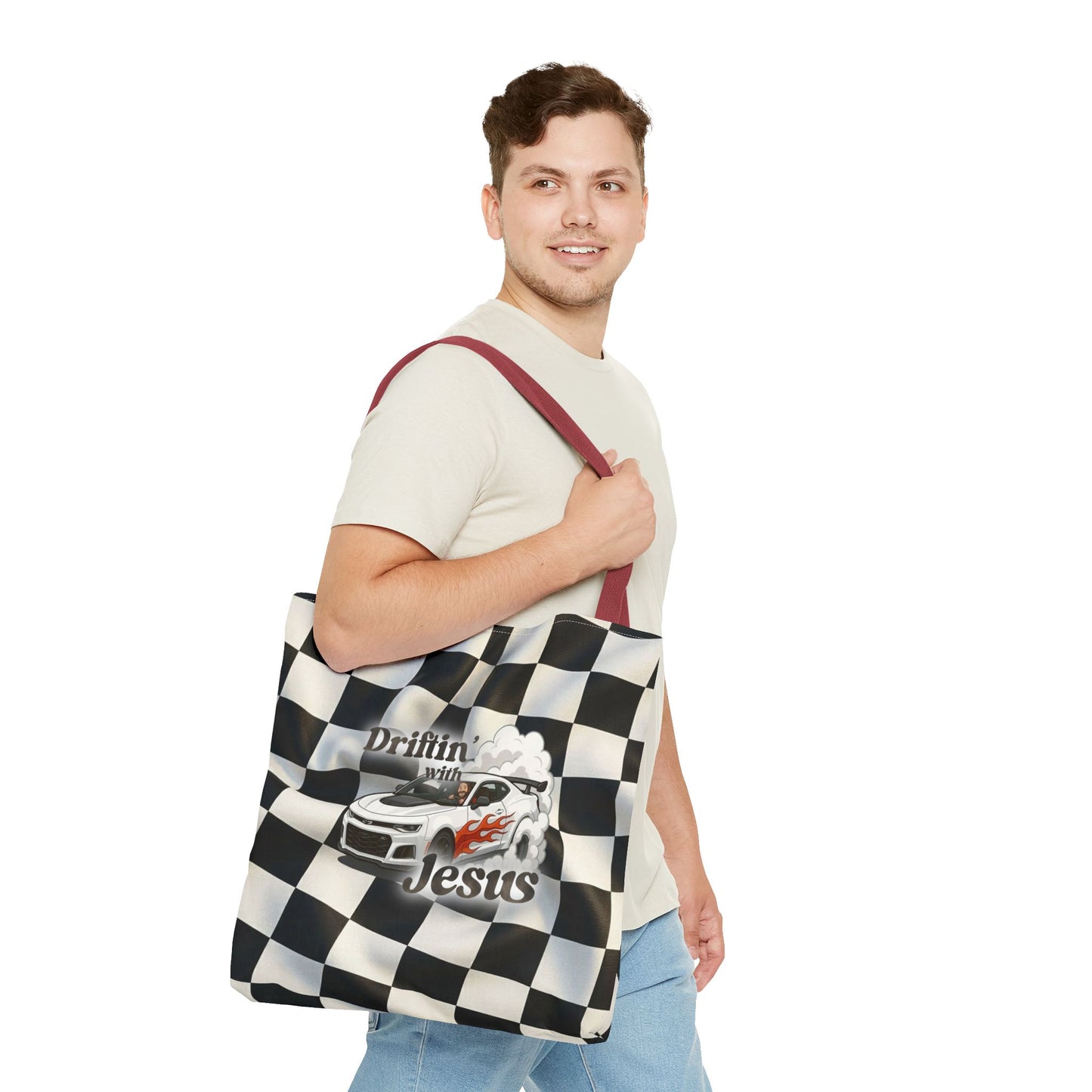 Driftin' with Jesus Racing Tote Bag - Checkered Flag Christian Car Gift