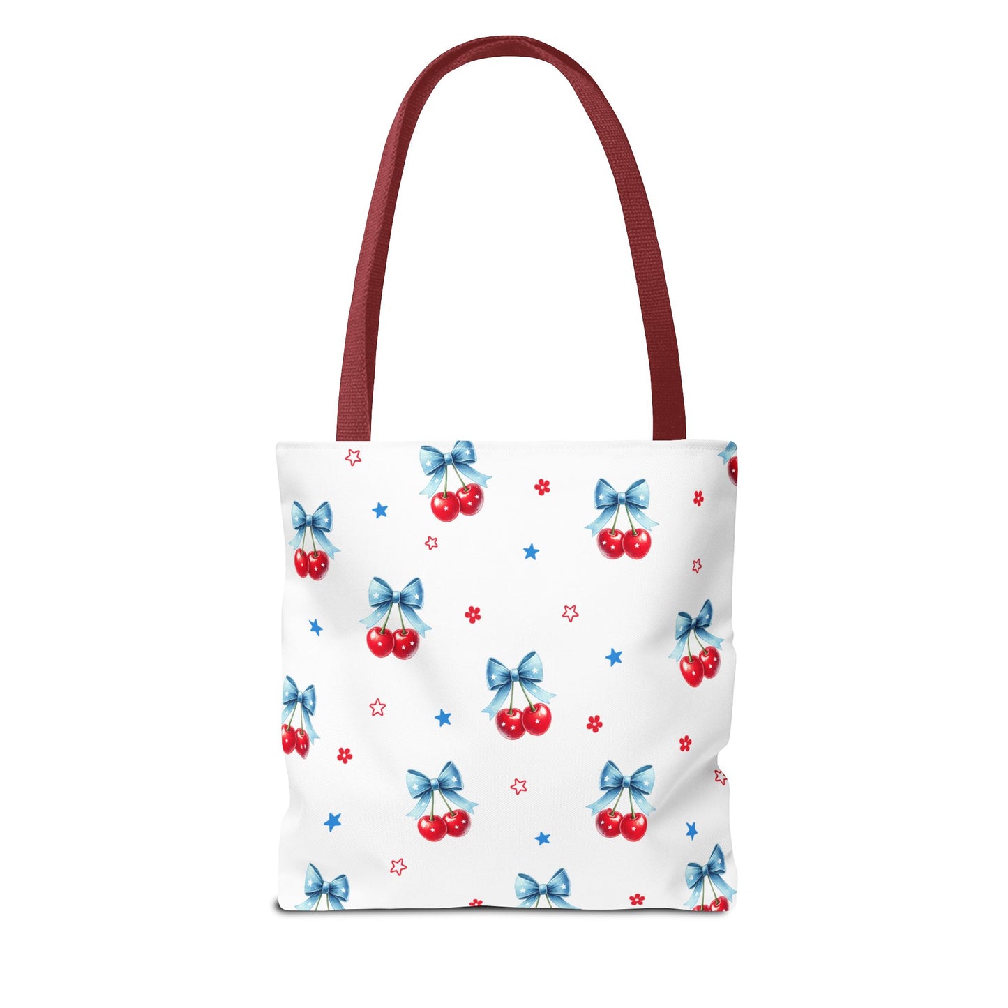 Cherry Bow Tote Bag — Cute Red Cherries with Blue Bows Patterned Shopper