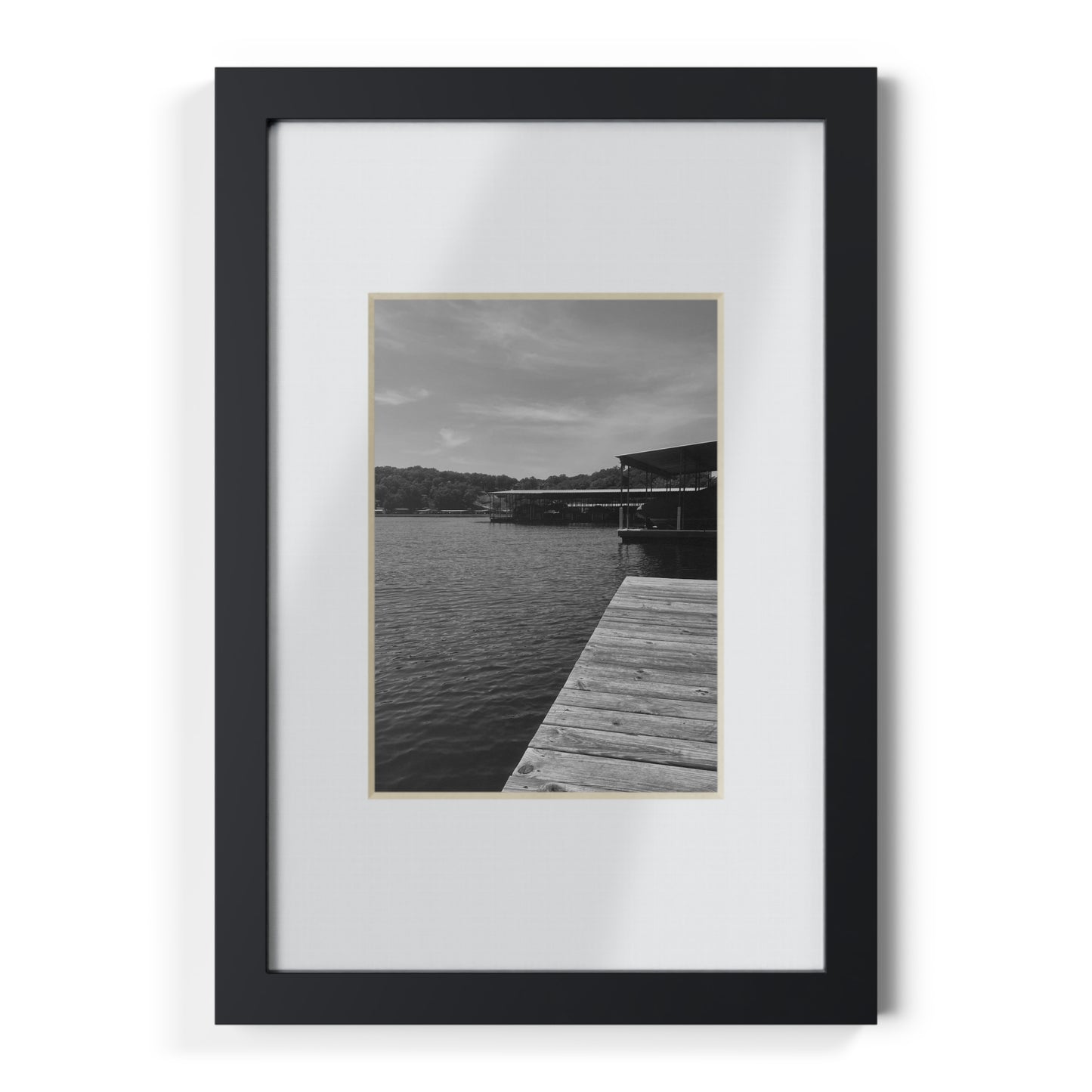 Black Framed Lake Dock Poster — Minimalist Monochrome Wall Art