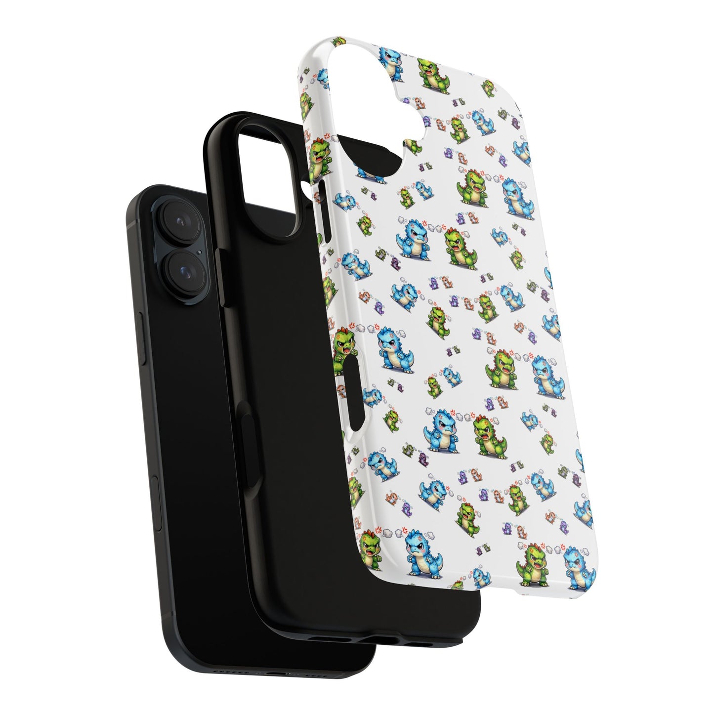 Cute Dino Pattern Phone Case — Cartoon Green & Blue Dino Tough Case, Protective iPhone Cover