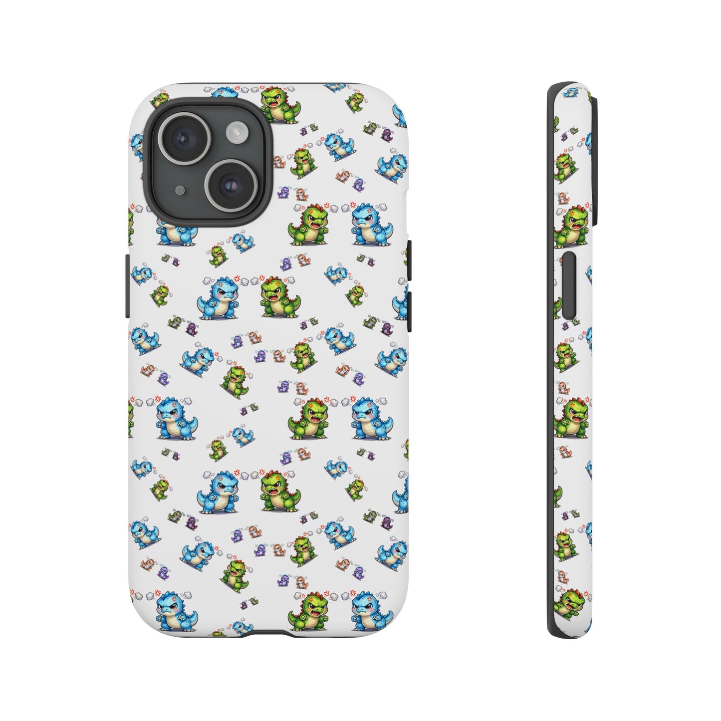 Cute Dino Pattern Phone Case — Cartoon Green & Blue Dino Tough Case, Protective iPhone Cover