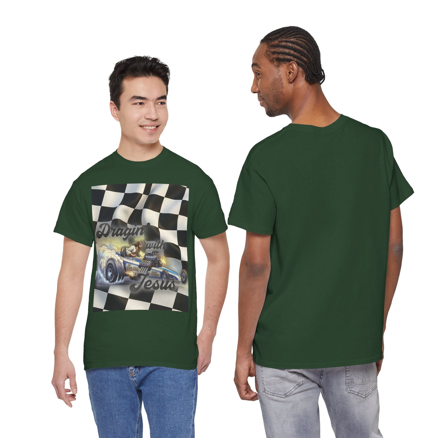 Racing Faith Tee – "Draggin' for Jesus" Checkered Flag Racing T-Shirt