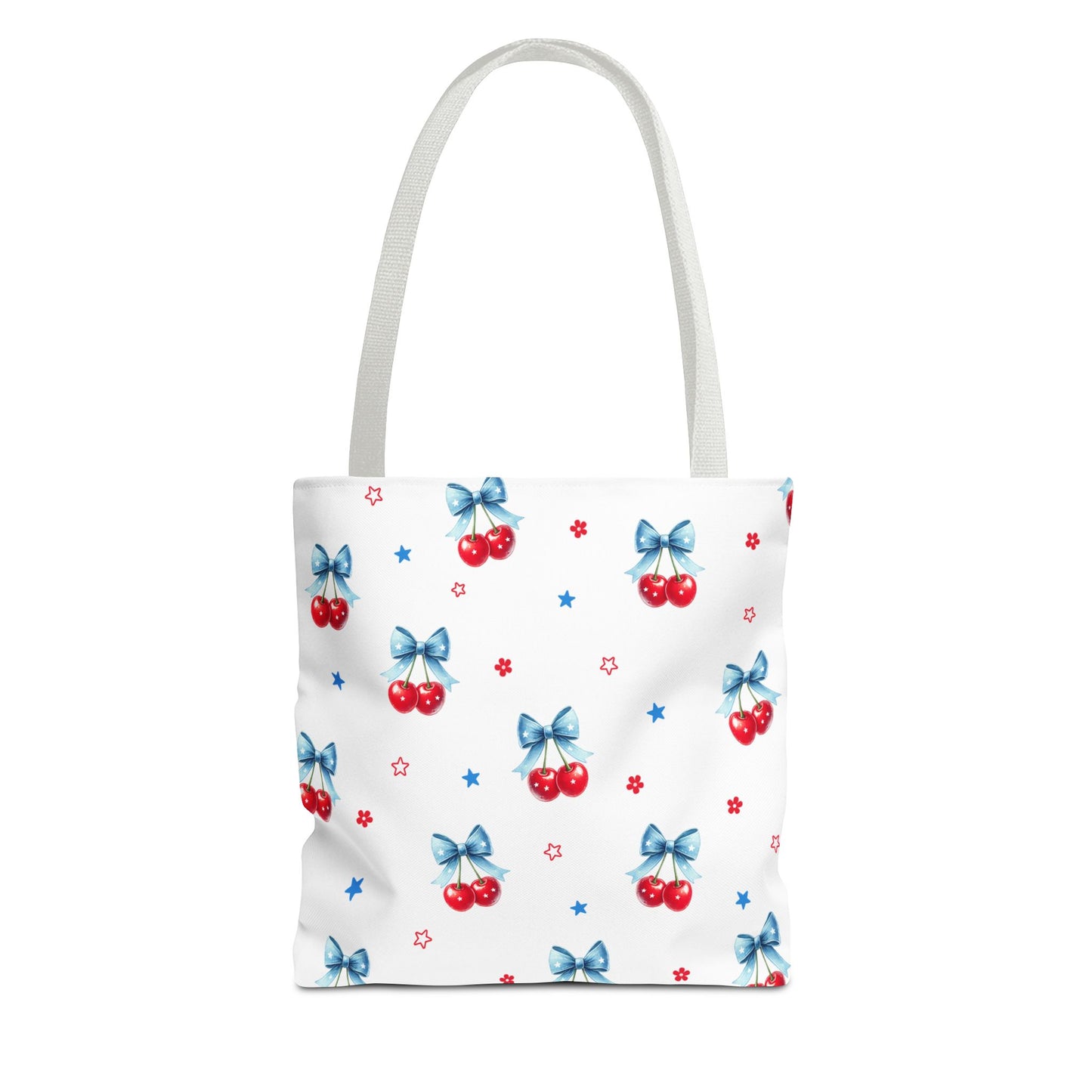 Cherry Bow Tote Bag — Cute Red Cherries with Blue Bows Patterned Shopper