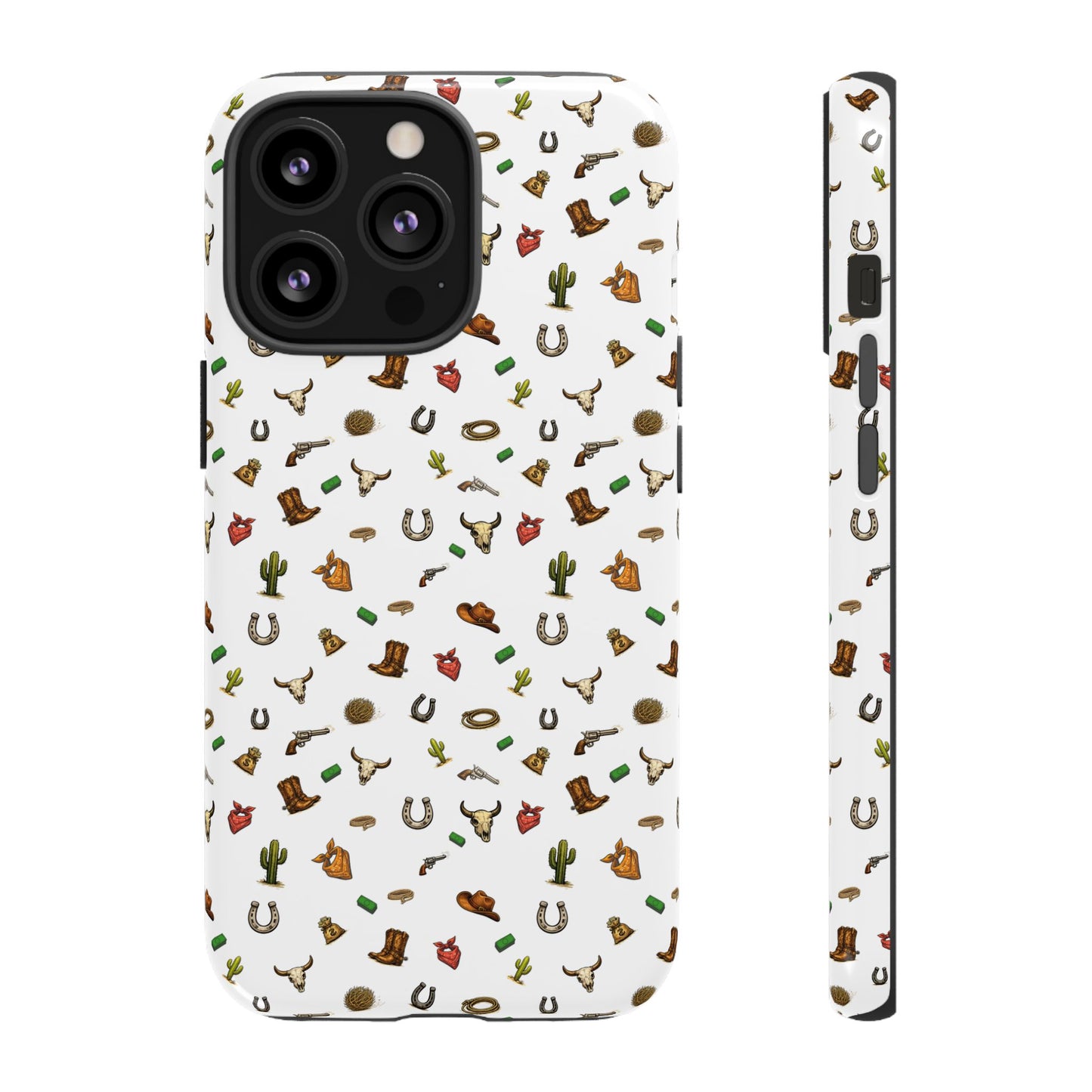 Western Cowboy Pattern Phone Case — Rodeo Hat, Horseshoe & Cactus Tough Case