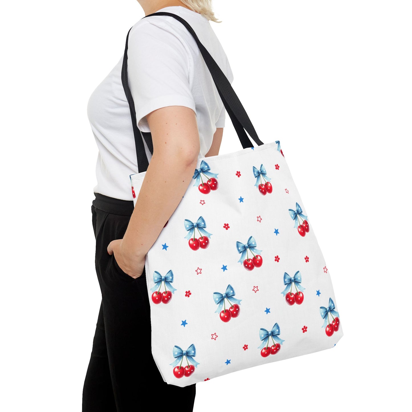 Cherry Bow Tote Bag — Cute Red Cherries with Blue Bows Patterned Shopper
