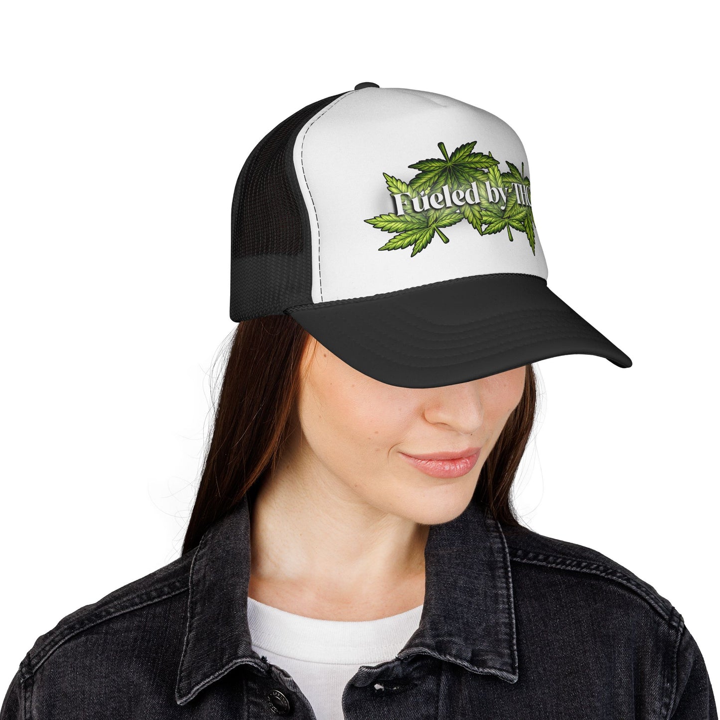 Trucker Cap — "Fueled by THC" Leaf Graphic Mesh Hat