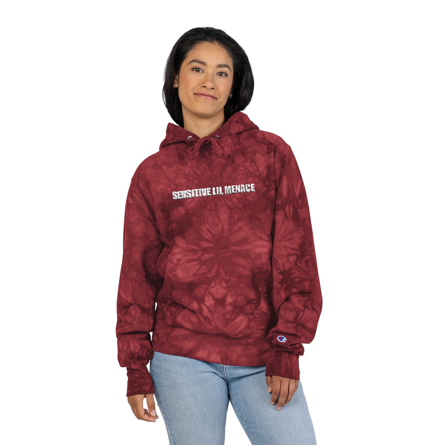 Tie-Dye Embroidered Hoodie — 'Sensitive lil menace' Champion Pullover
