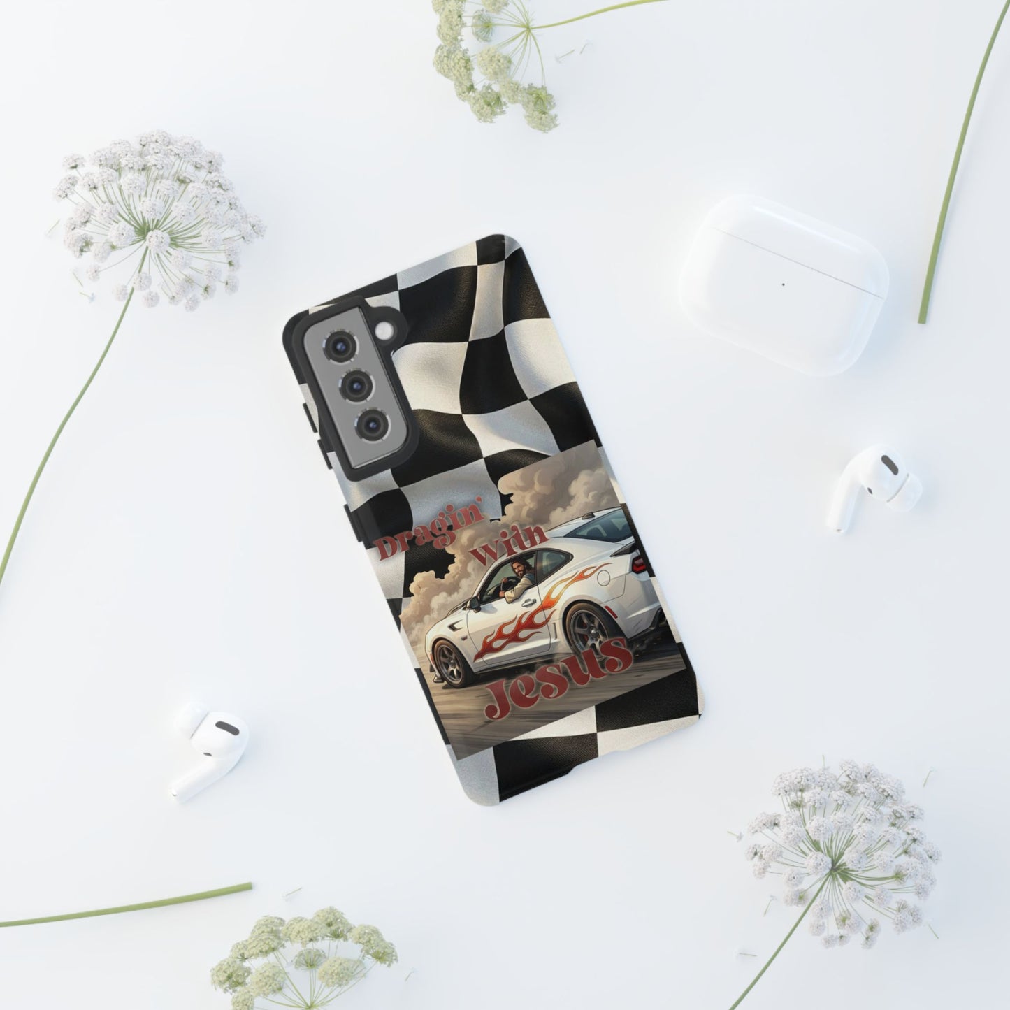 Phone Case — "Dragin' With Jesus" Racing Checkered flag - Samsung / Google phones