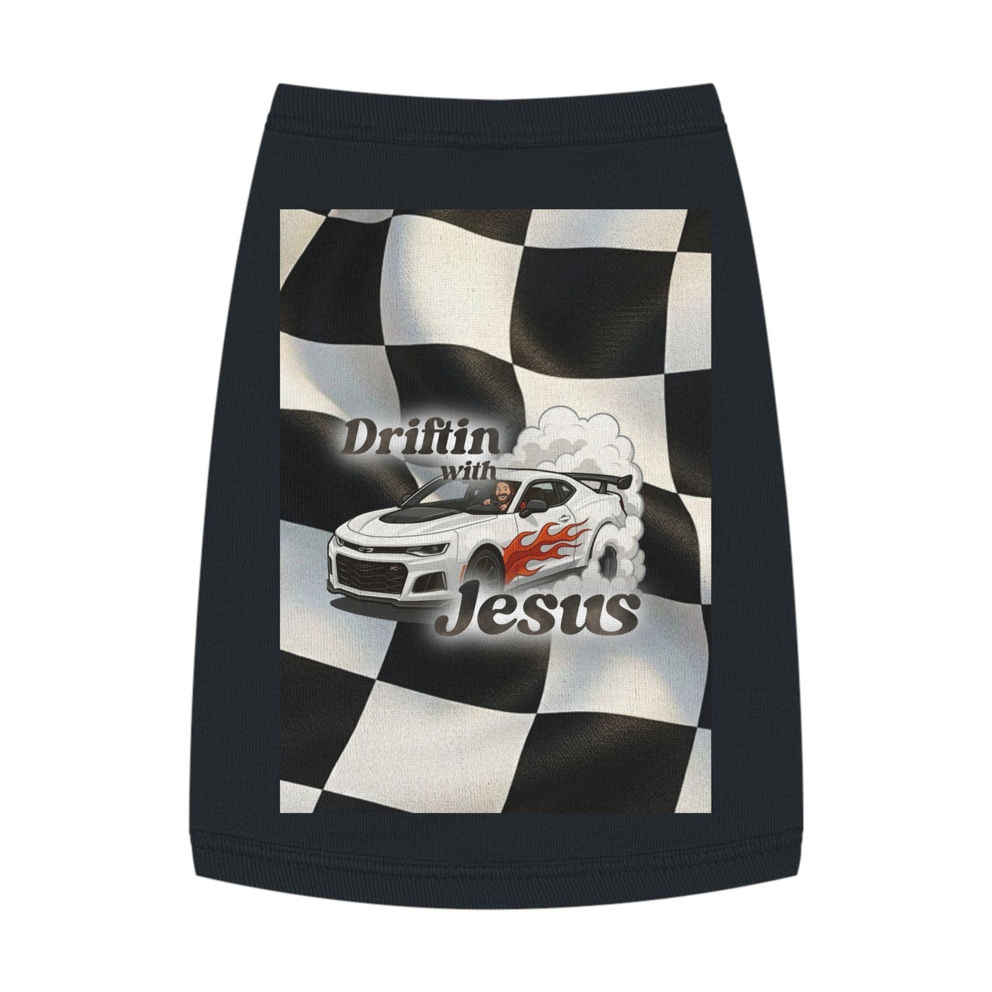 Pet Tank Top — "Driftin' with Jesus" Racing Flag Dog Shirt