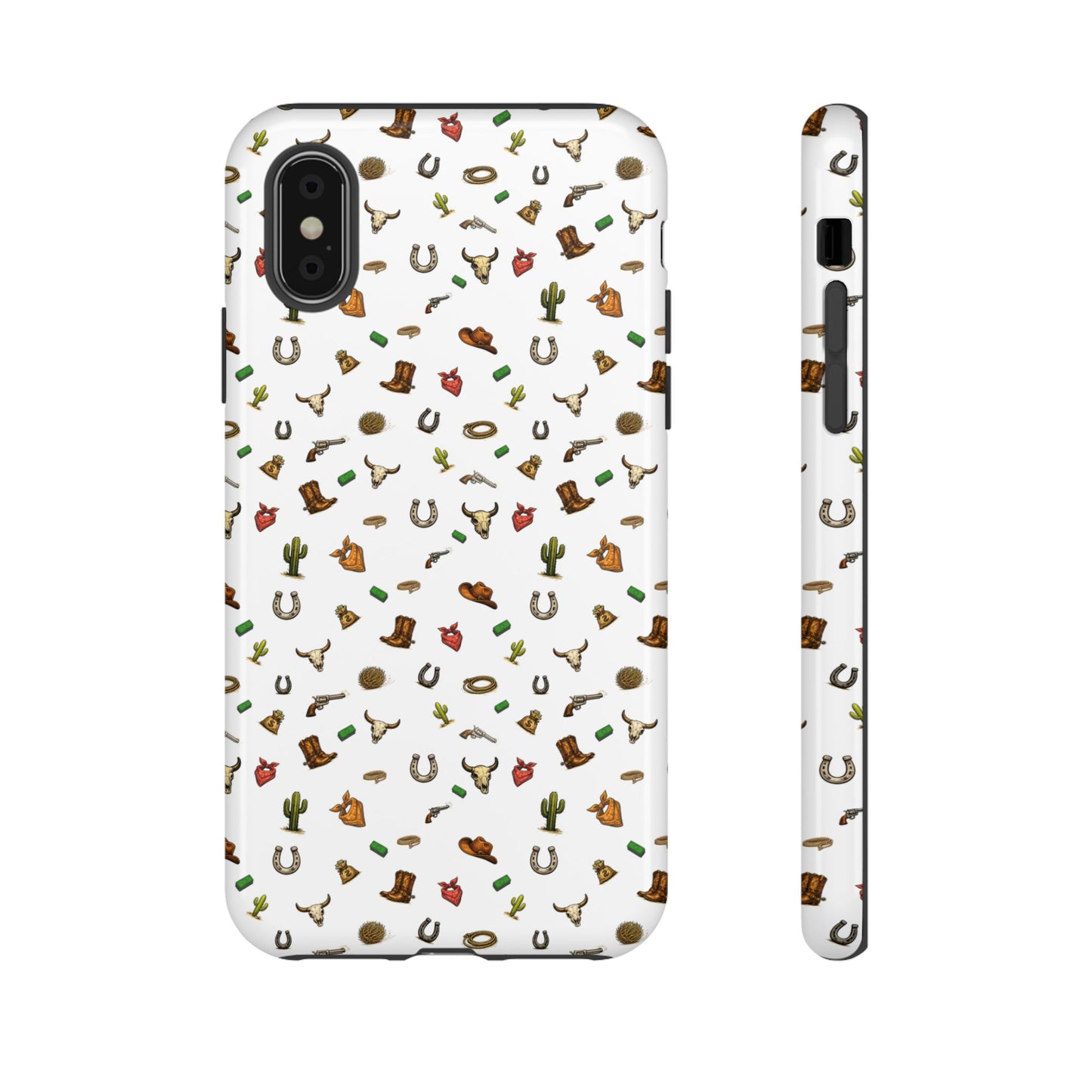 Western Cowboy Pattern Phone Case — Rodeo Hat, Horseshoe & Cactus Tough Case