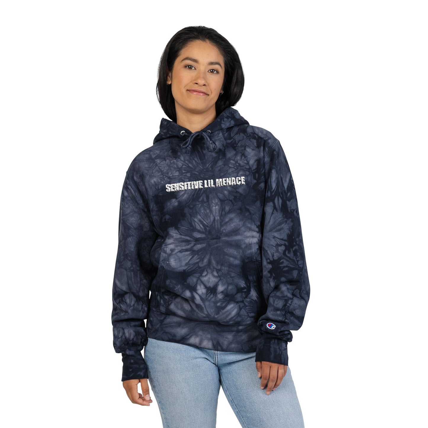Tie-Dye Embroidered Hoodie — 'Sensitive lil menace' Champion Pullover