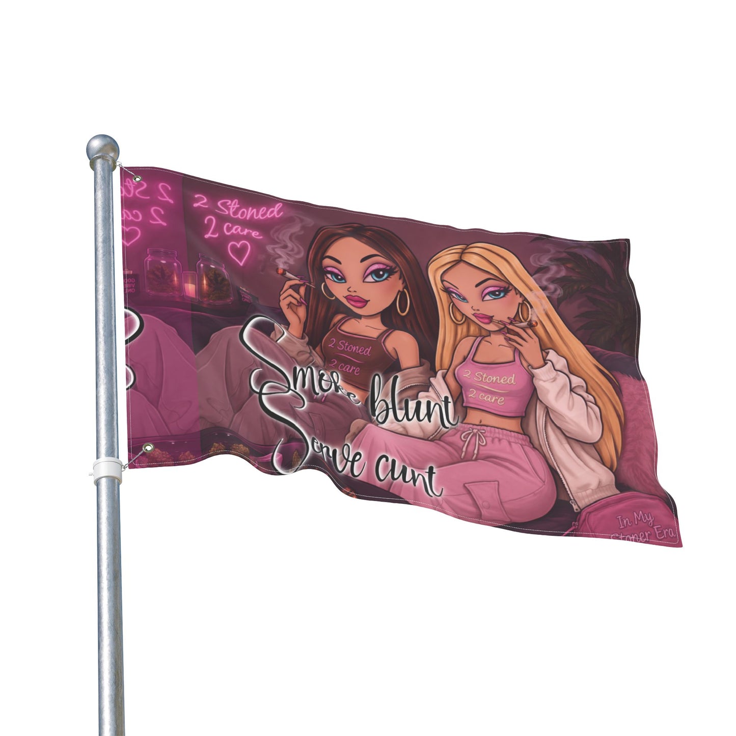 Double-Sided Flag - 'Smoke blunt Serve cunt' Pink Stoner Girl Decorative Garden Banner