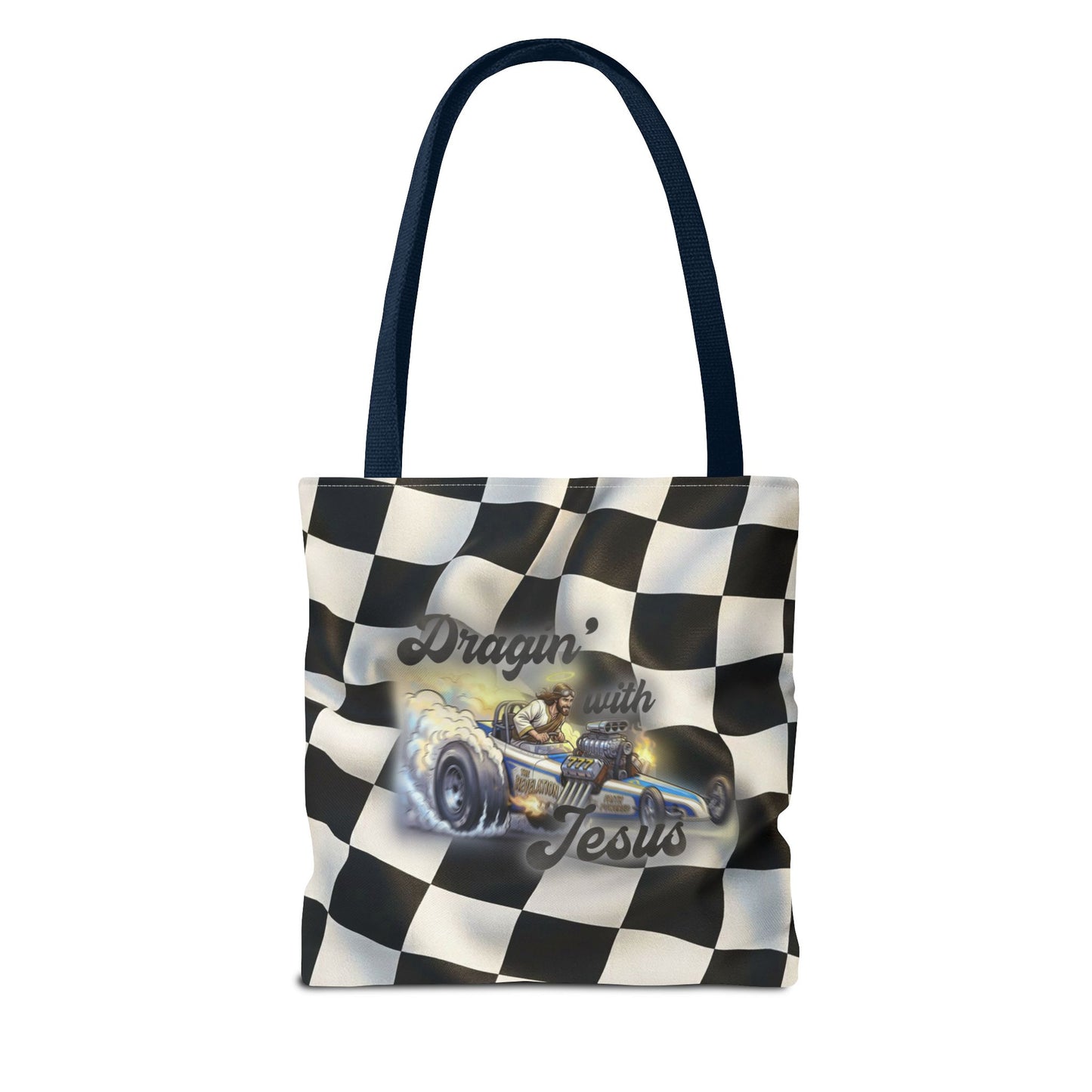 Dragin' Jesus Racing Tote Bag — Checkered Flag Vintage Hot Rod Tote