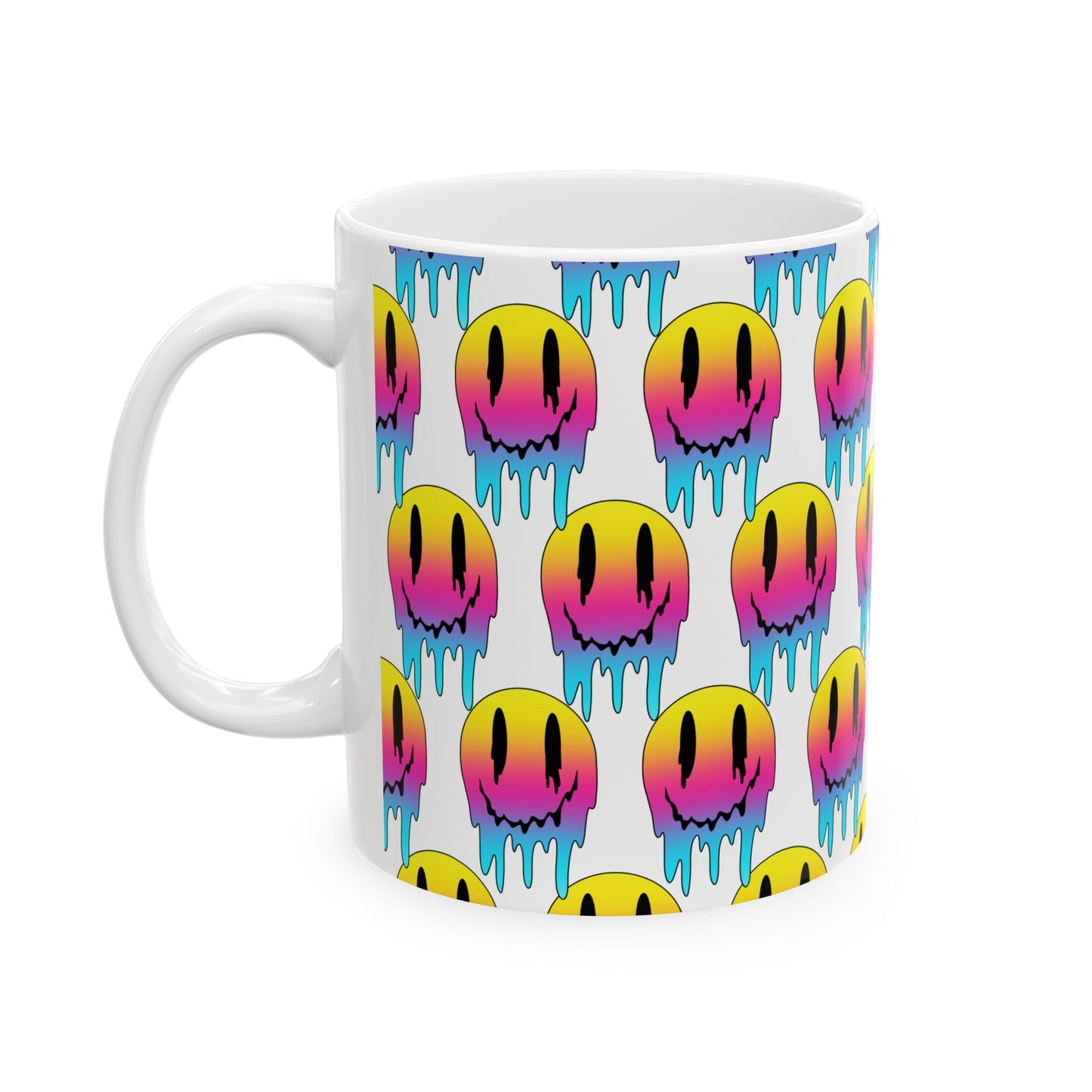 Dripping Neon Smile Ceramic Mug — Colorful Melting Emoji Coffee Cup (11oz/15oz)