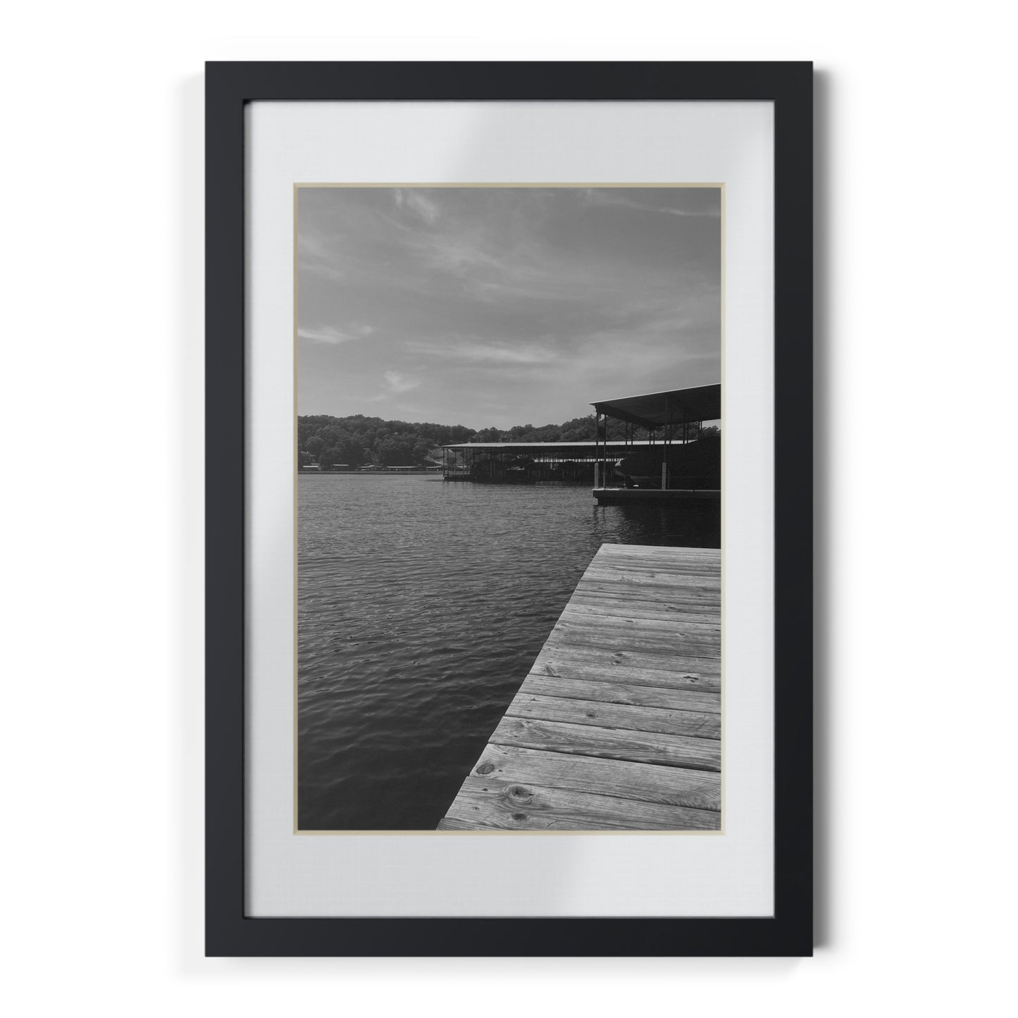 Black Framed Lake Dock Poster — Minimalist Monochrome Wall Art