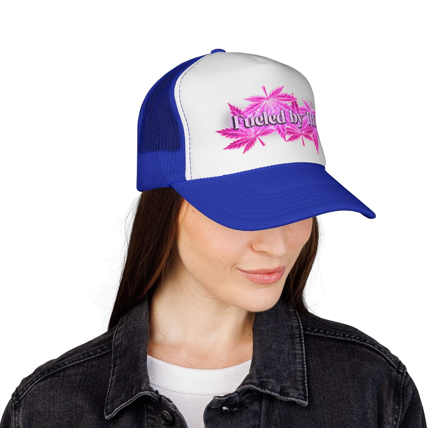 Trucker Cap — 'Fueled by THC' Pink Cannabis Leaf Mesh Hat